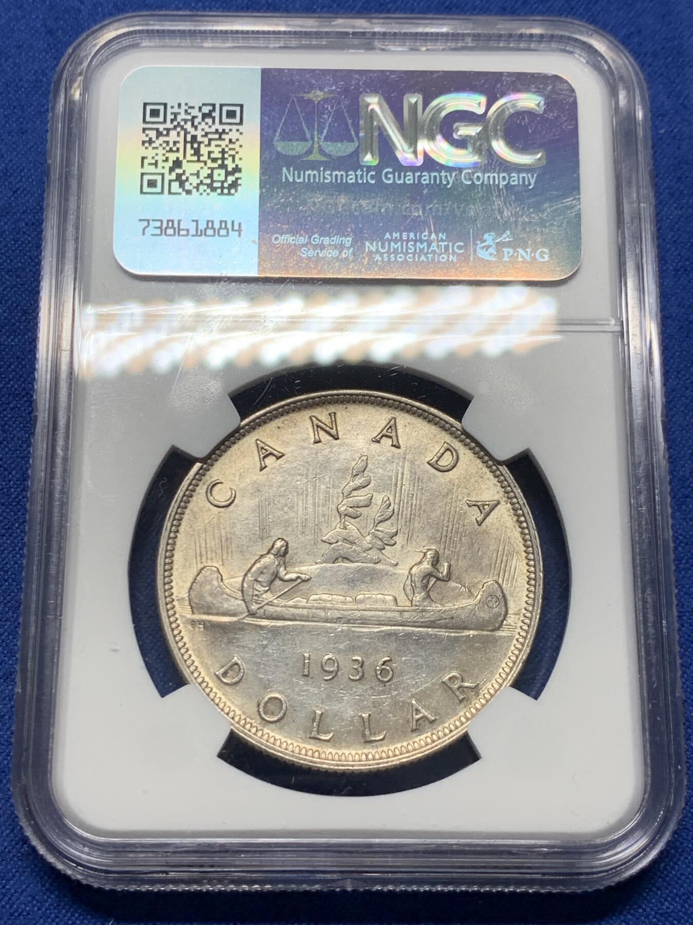 《竞宝斋》第370场 周日，周一 2场连拍 （全场包邮） NGC AU55 加拿大1936年乔五头像划船1元大银币