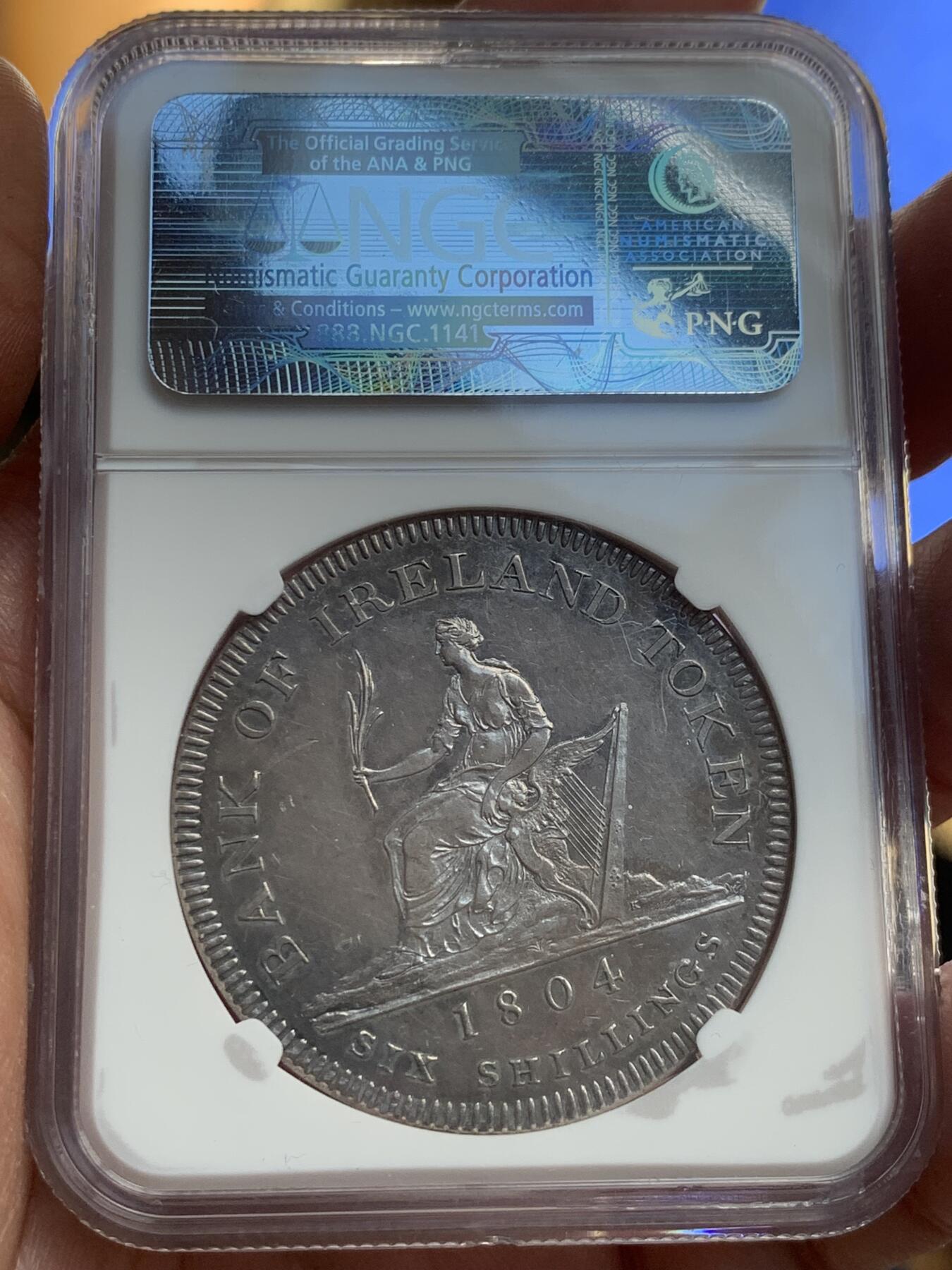 《竞宝斋》第370场 周日，周一 2场连拍 （全场包邮） NGC AU58 英属爱尔兰 1804年 乔治三世 6先令 银币