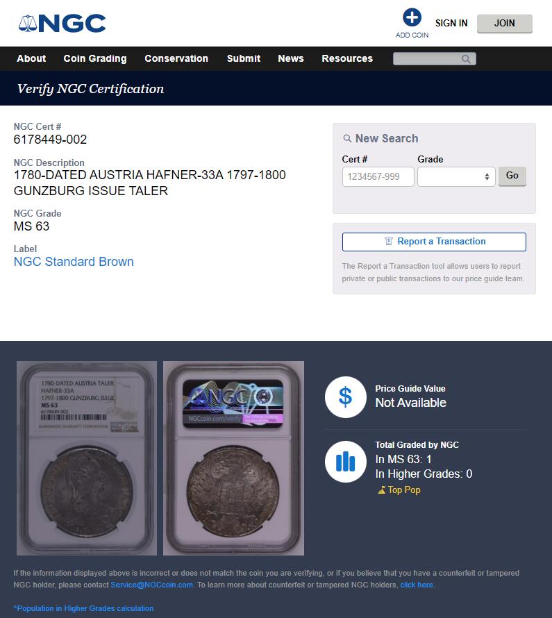 《竞宝斋》第370场 周日，周一 2场连拍 （全场包邮） 唯一冠军分 NGC MS63 奥地利1780年泰勒 特雷莎大奶妈根兹堡原铸银币 人物正反深打 地面光洁可照符合唯一冠军气质