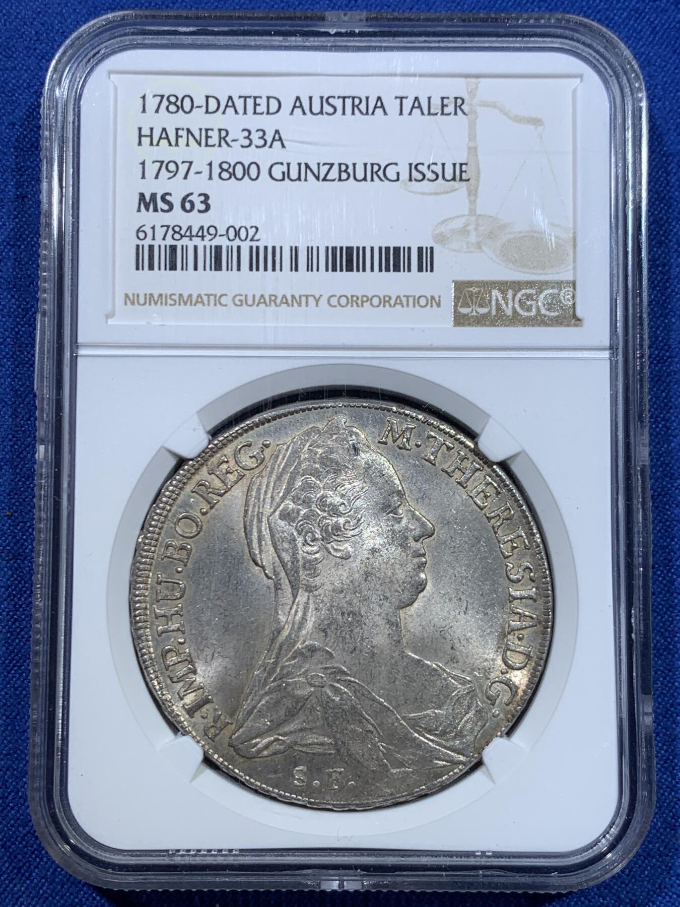 《竞宝斋》第370场 周日，周一 2场连拍 （全场包邮） 唯一冠军分 NGC MS63 奥地利1780年泰勒 特雷莎大奶妈根兹堡原铸银币 人物正反深打 地面光洁可照符合唯一冠军气质