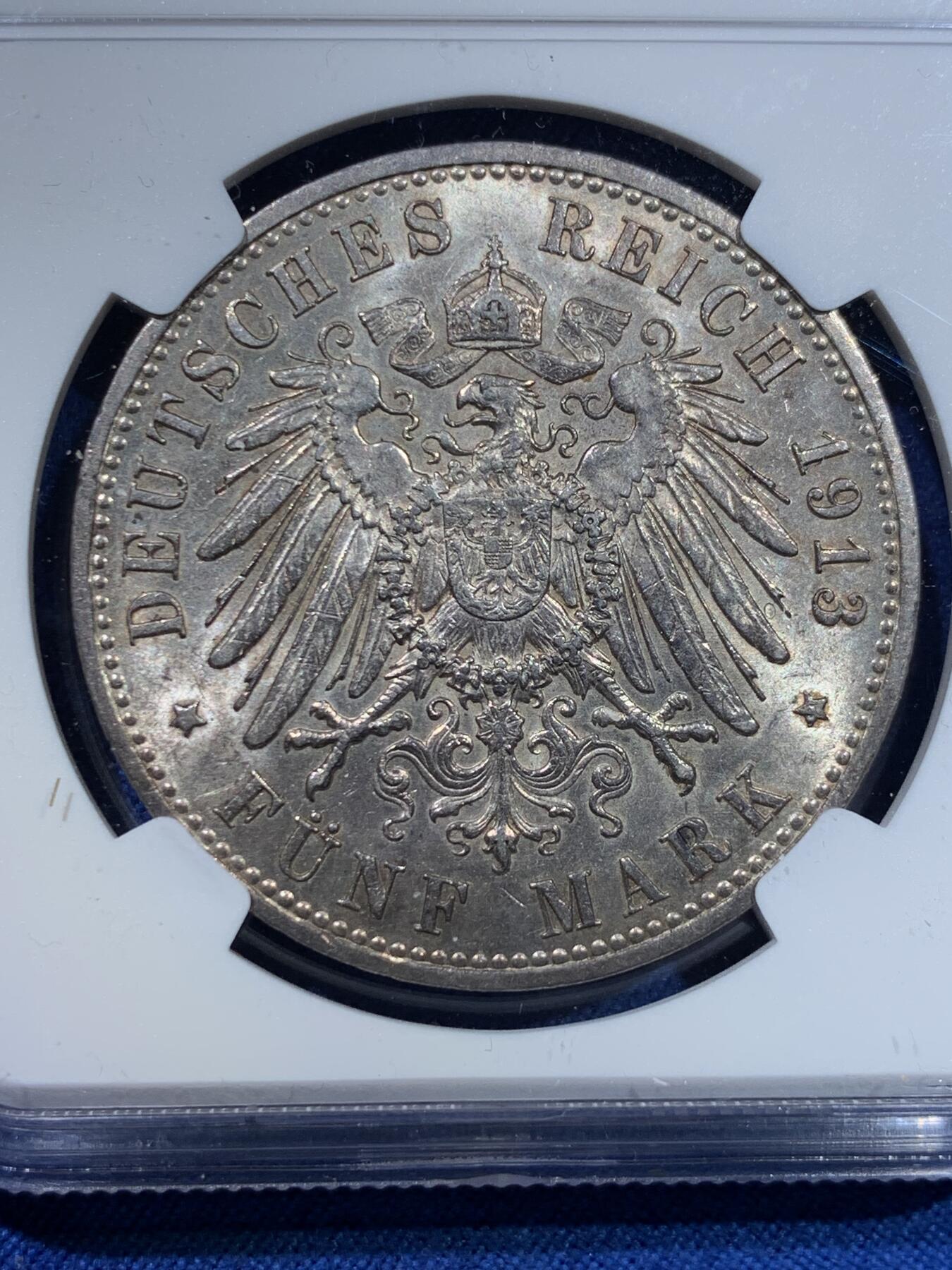 《竞宝斋》第370场 周日，周一 2场连拍 （全场包邮） NGC MS61 德国1913年威廉二世军装5马克银币