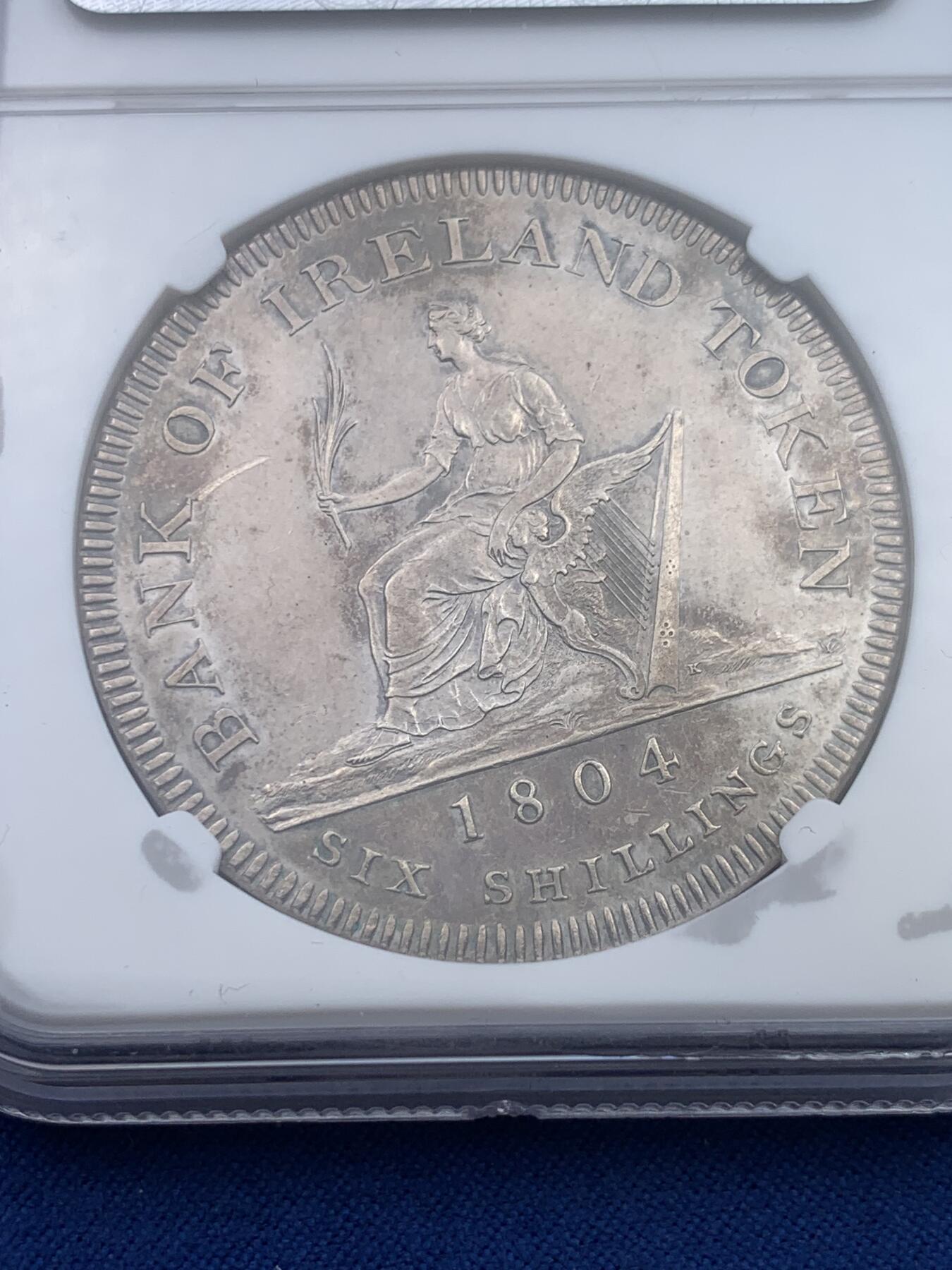 《竞宝斋》第370场 周日，周一 2场连拍 （全场包邮） NGC AU58 英属爱尔兰 1804年 乔治三世 6先令 银币