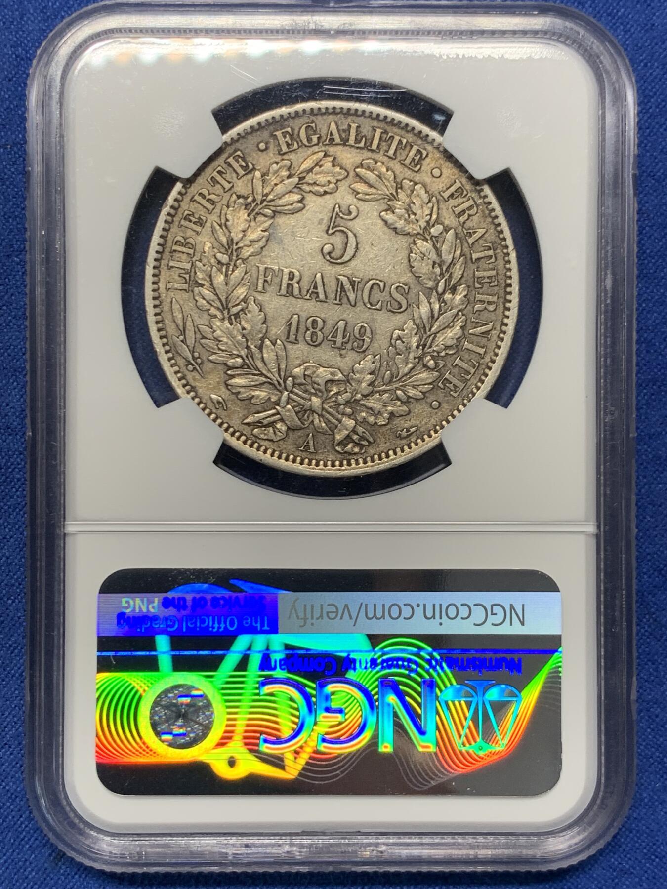 《竞宝斋》第370场 周日，周一 2场连拍 （全场包邮） NGC AU50 法国1849年谷物女神5法郎银币