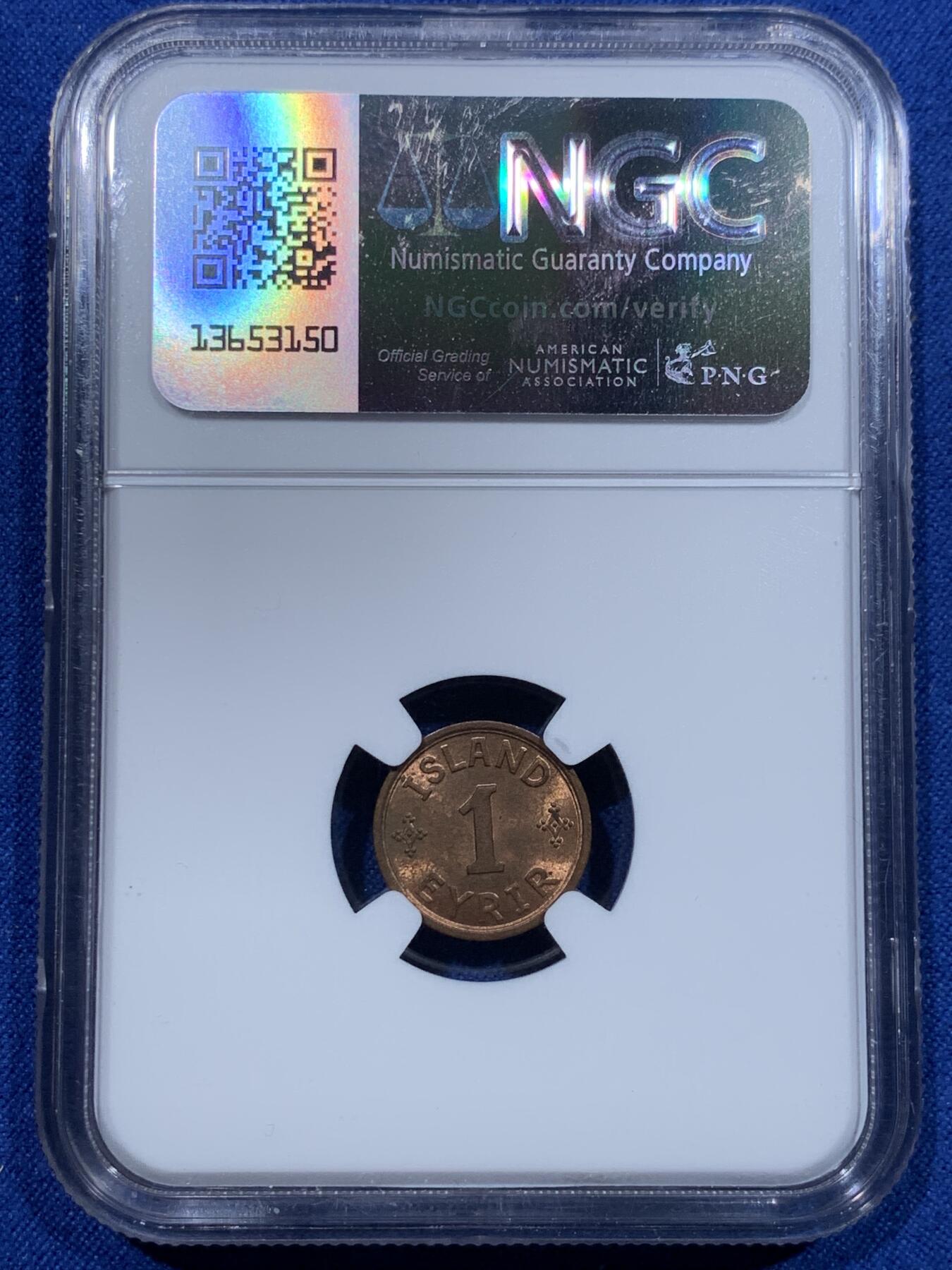 《竞宝斋》第370场 周日，周一 2场连拍 （全场包邮） NGC MS63RB 冰岛 1942年 1 艾里尔 铜币 末年高分好品