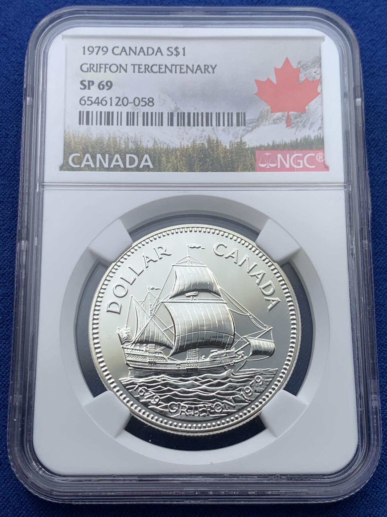 《竞宝斋》第370场 周日，周一 2场连拍 （全场包邮） NGC SP69 加拿大1979年格里芬号1元纪念银币