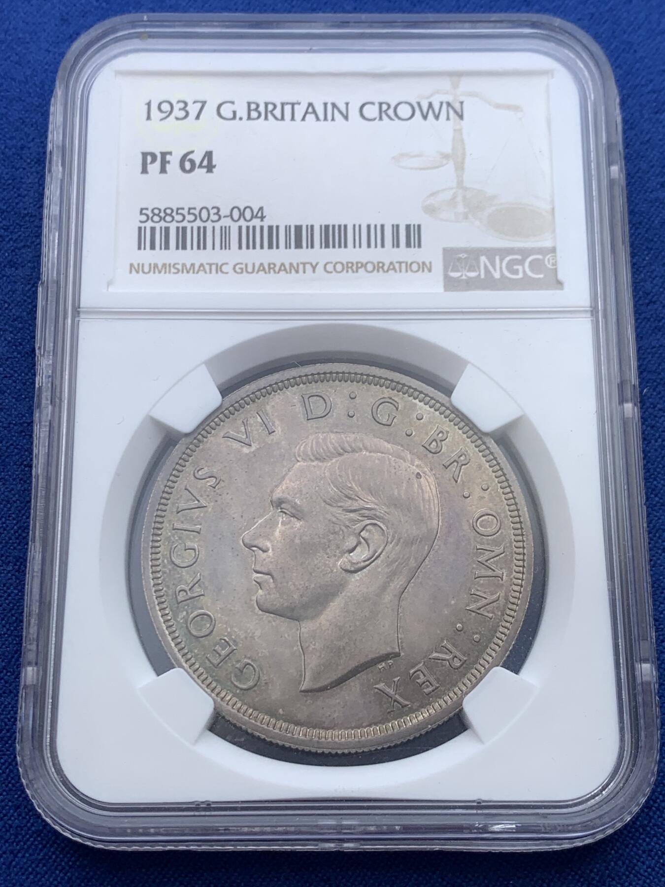 《竞宝斋》第370场 周日，周一 2场连拍 （全场包邮） NGC PF64 英国1937年乔治六世登基1克朗精制银币