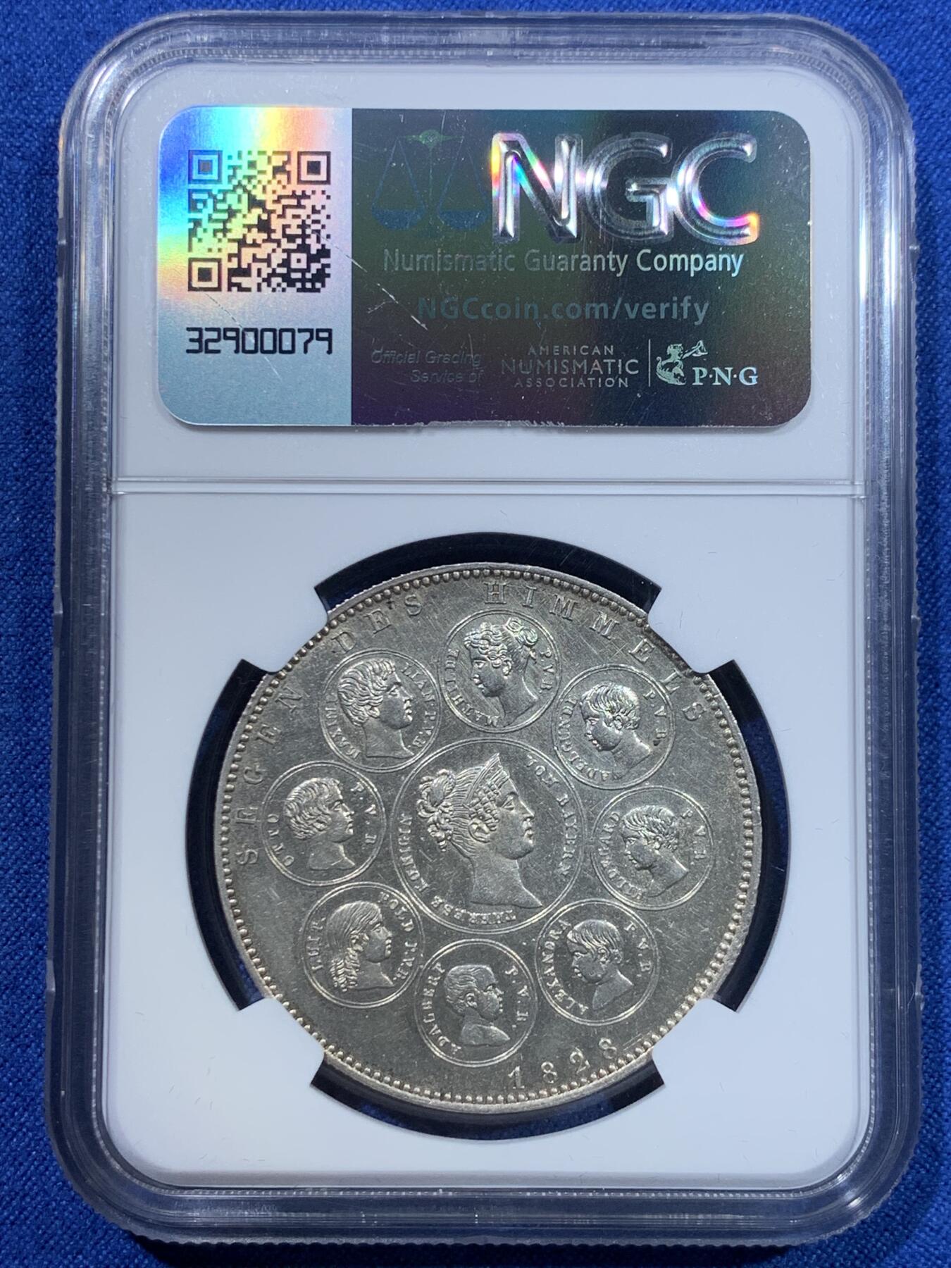 《竞宝斋》第370场 周日，周一 2场连拍 （全场包邮） NGC MS62 德国 1828年 德国巴伐利亚路德维希一世皇室全家福泰勒 银币 丝滑车轮银光 包浆漂亮