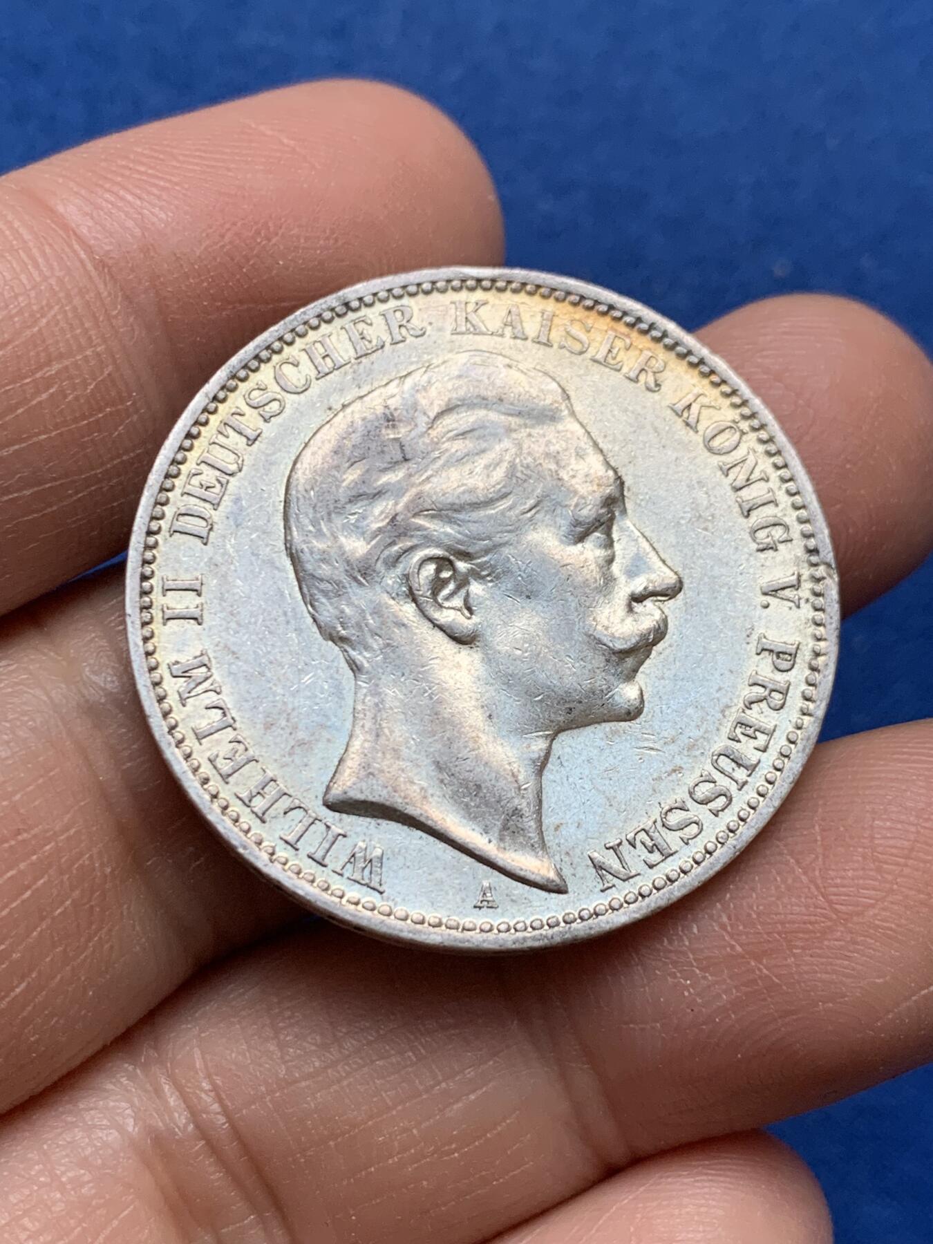 《竞宝斋》第370场 周日，周一 2场连拍 （全场包邮） 德国普鲁士 1911年 威廉二世 3马克 银币 好品