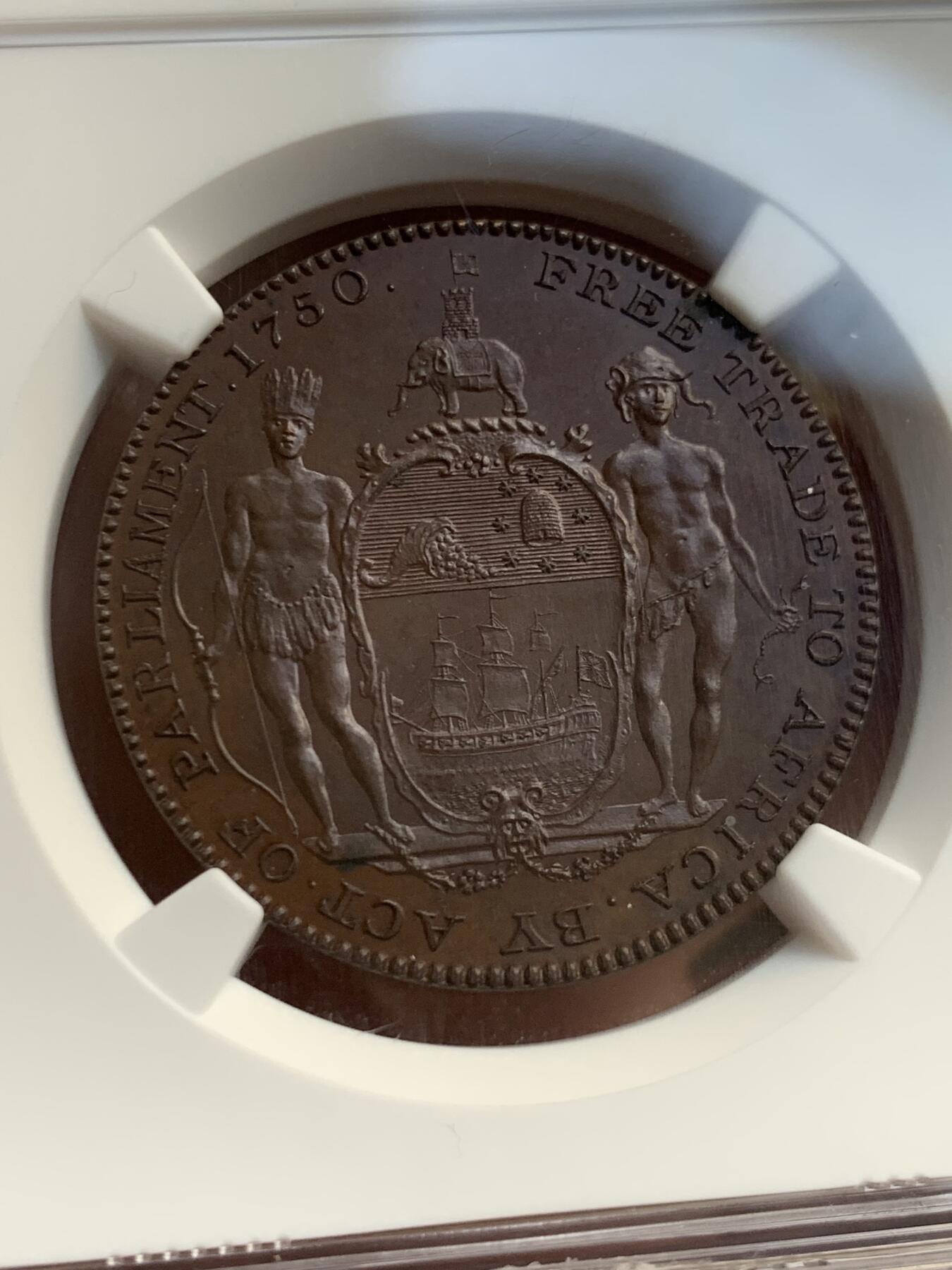 《竞宝斋》第370场 周日，周一 2场连拍 （全场包邮） NGC PF65 BN 黄金海岸 1796 英属加纳 乔治三世 1阿基 铜币 稀缺品种 状态分数都值得收藏