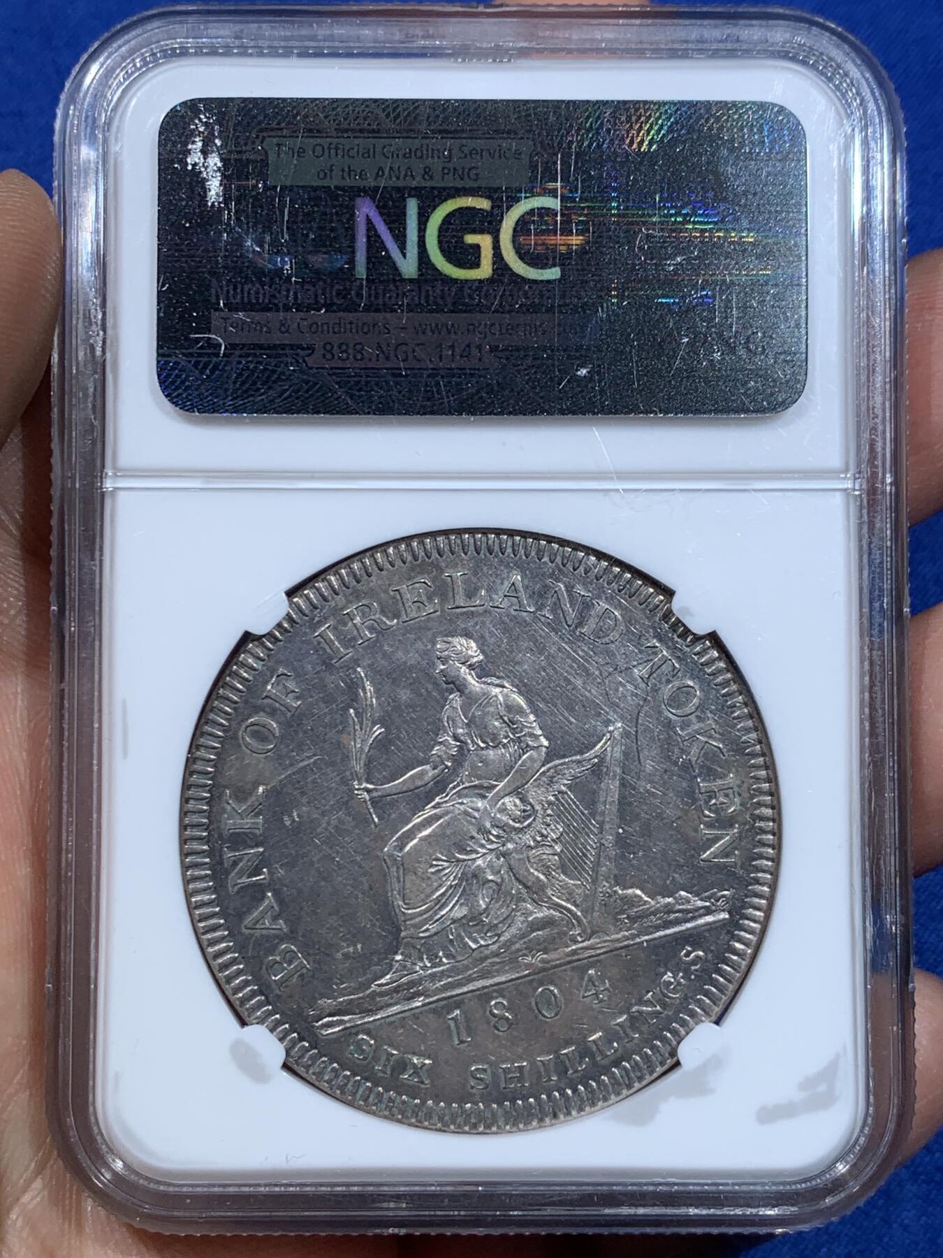 《竞宝斋》第370场 周日，周一 2场连拍 （全场包邮） NGC AU58 英属爱尔兰 1804年 乔治三世 6先令 银币