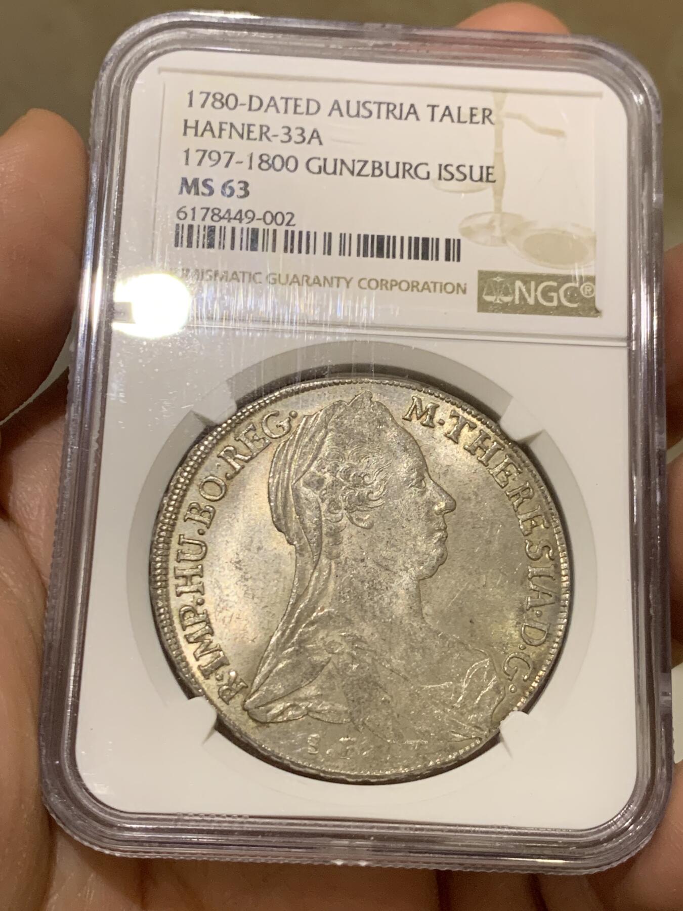 《竞宝斋》第370场 周日，周一 2场连拍 （全场包邮） 唯一冠军分 NGC MS63 奥地利1780年泰勒 特雷莎大奶妈根兹堡原铸银币 人物正反深打 地面光洁可照符合唯一冠军气质