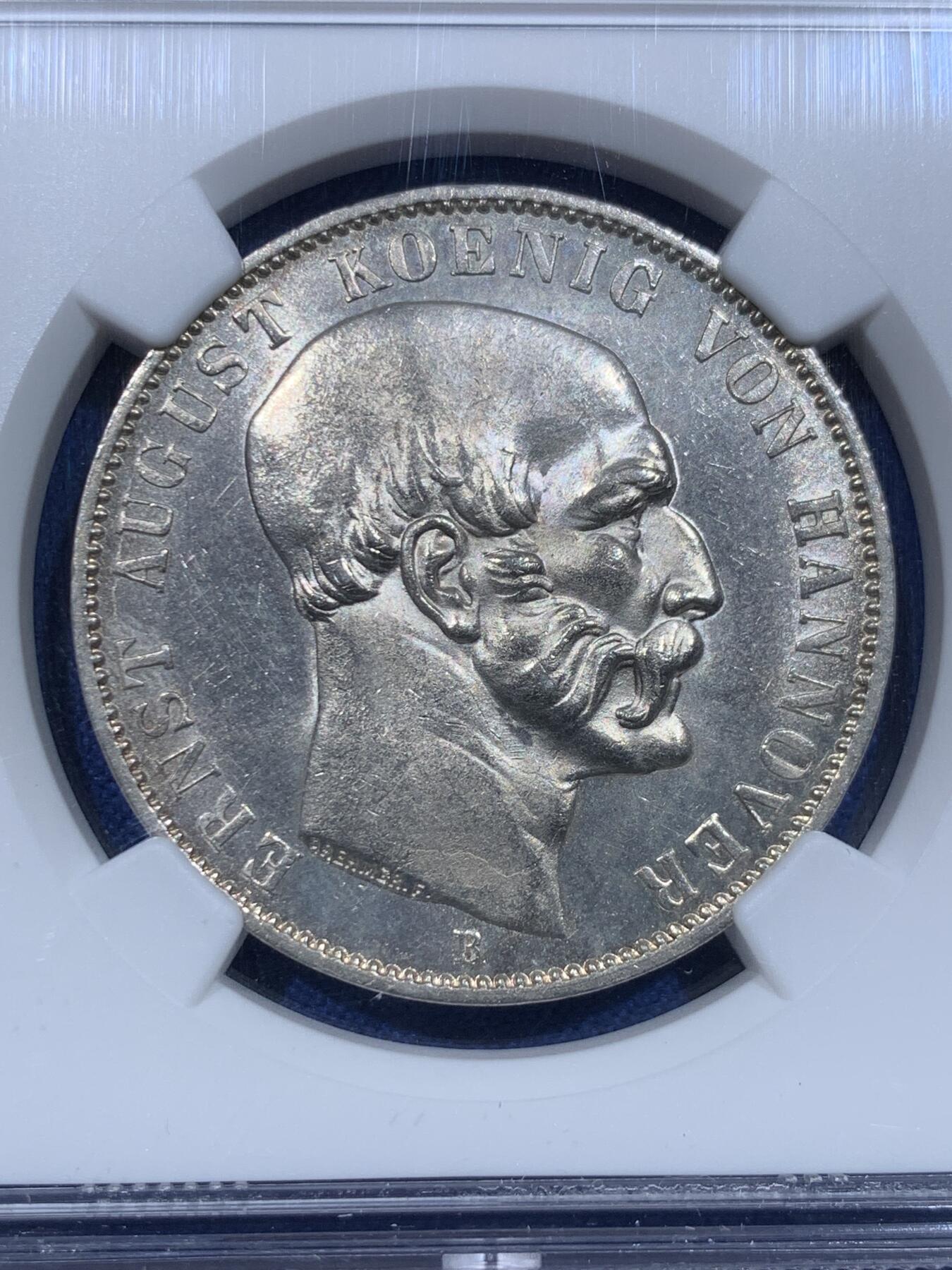 《竞宝斋》第370场 周日，周一 2场连拍 （全场包邮） 冠军分 NGC MS64 德国 1849年 汉诺威奥古斯特泰勒银币 顶级状态 不可错过