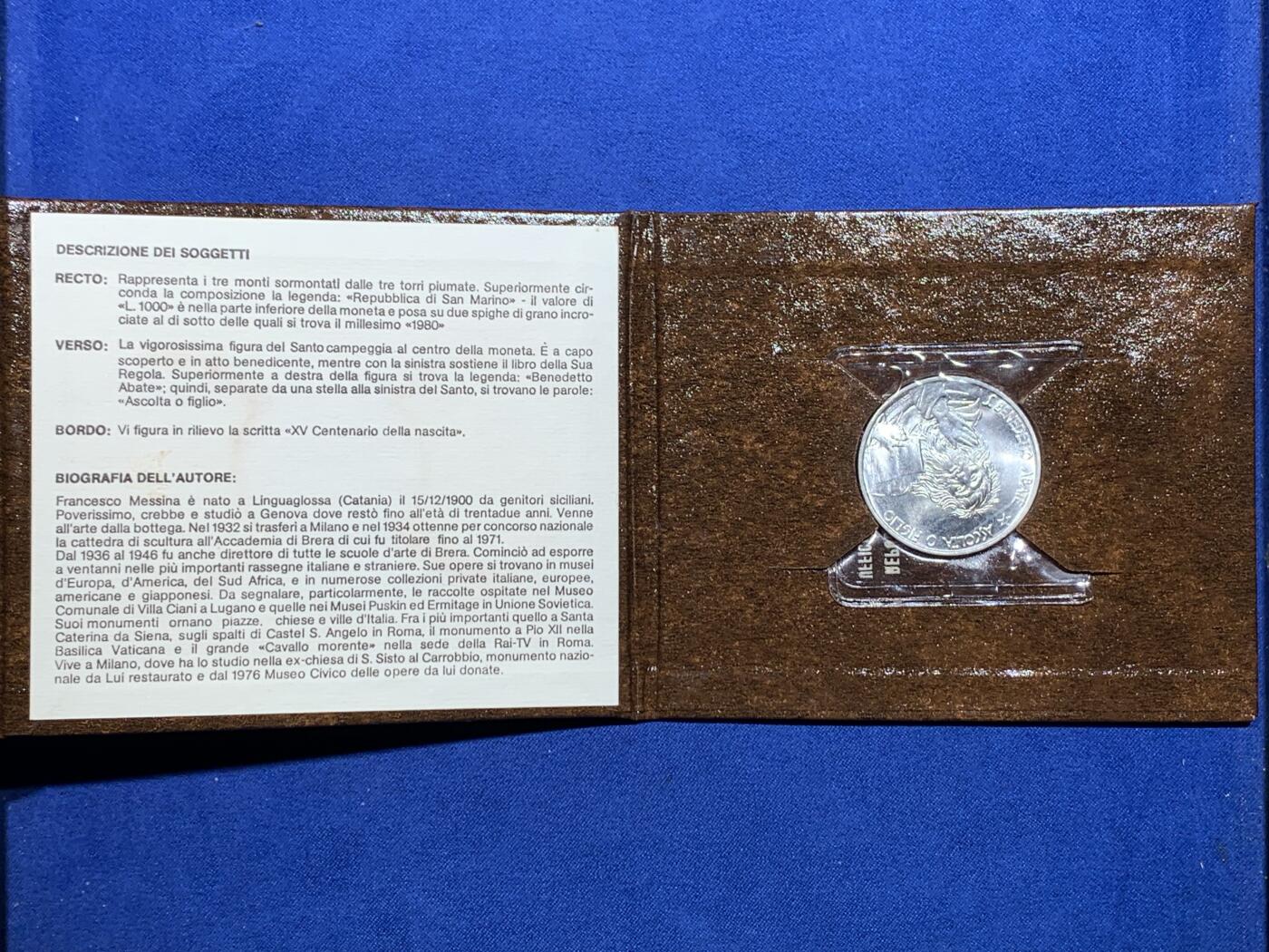 《竞宝斋》第370场 周日，周一 2场连拍 （全场包邮） 卡装 圣马力诺1980年天主教隐修士1000里拉银币 14.6克