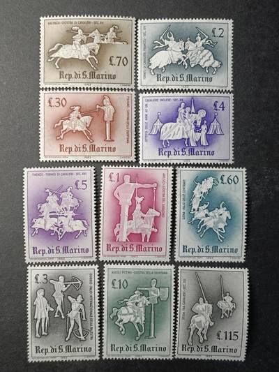 嘉禾收藏    【第179期】            无佣金、可寄存、满30元包邮 - 圣马力诺邮票，1963年古代体育竞赛骑士长矛邮票10全