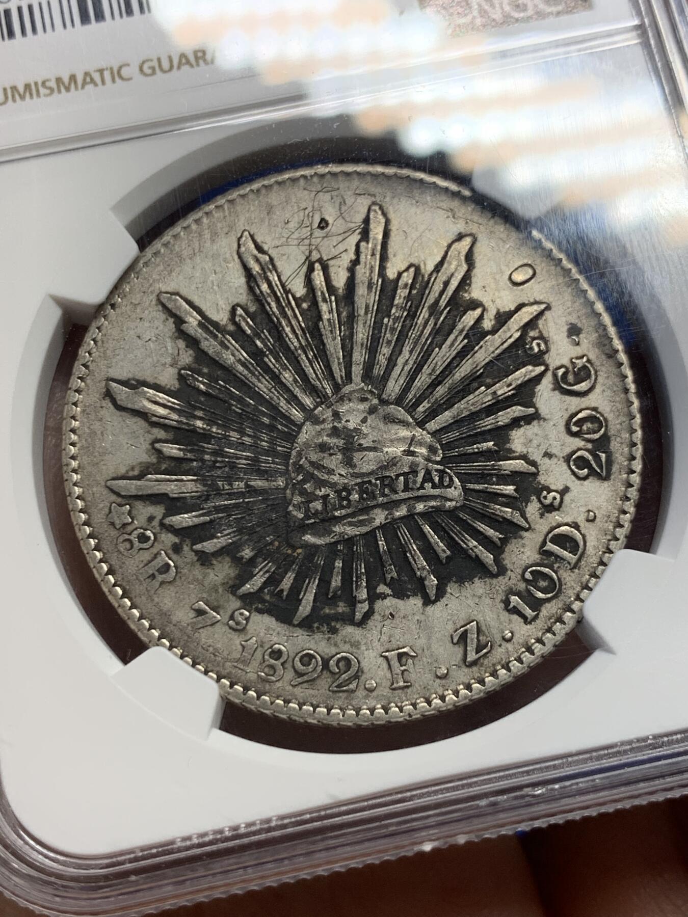 《竞宝斋》第370场 周日，周一 2场连拍 （全场包邮） NGC AU 墨西哥1892年ZS FZ版花边鹰洋，原味墨印 细节见图