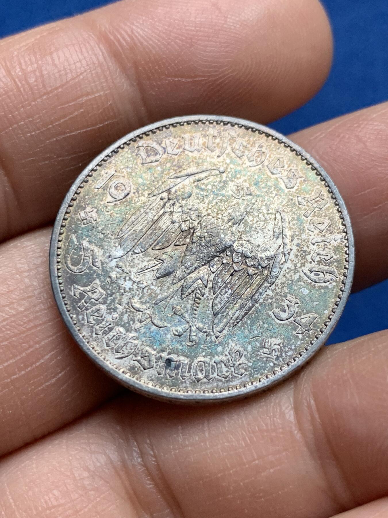 《竞宝斋》第370场 周日，周一 2场连拍 （全场包邮） 德国1934年A版教堂加字5马克 银币