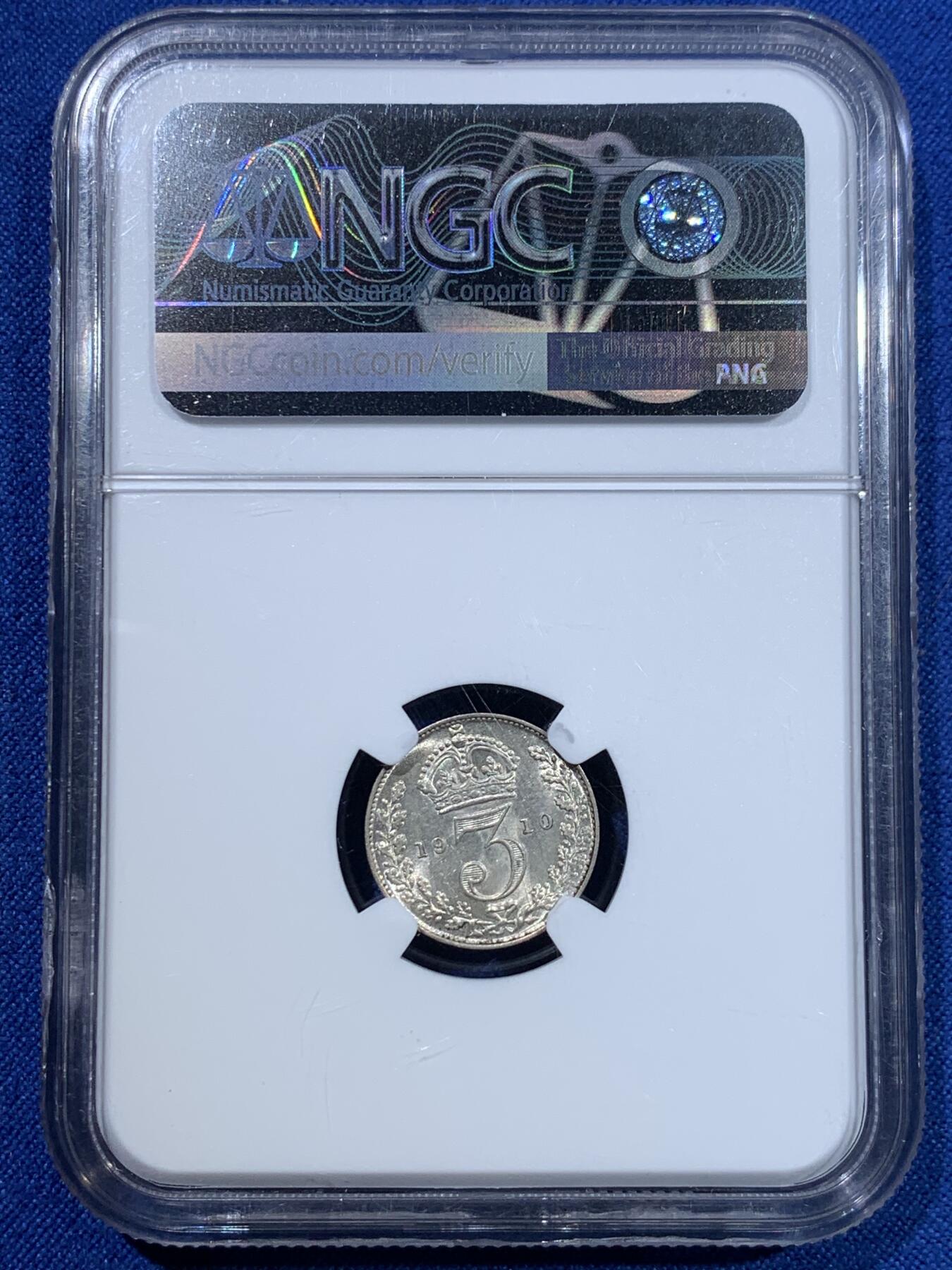 《竞宝斋》第370场 周日，周一 2场连拍 （全场包邮） NGC MS62 英国 1910年 爱德华七世 3便士 银币