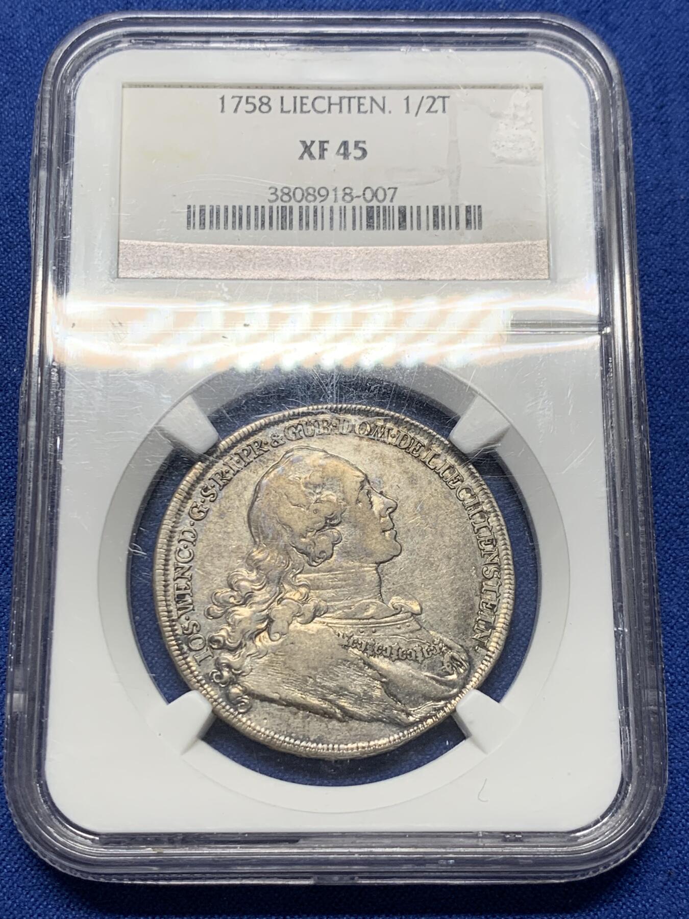 《竞宝斋》第370场 周日，周一 2场连拍 （全场包邮） NGC XF45 列支敦士登1758年1/2泰勒，亲王用于宣示主权和馈赠贵族，并不用于流通。单年版，发行量900枚