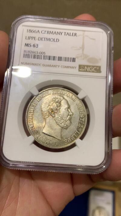 《竞宝斋》第370场 周日，周一 2场连拍 （全场包邮） 冠军分 NGC MS63 德国 1866年 利珀公国 利奥波德三世 泰勒银币 发行量仅18000枚 小邦高分 非常难得的品种