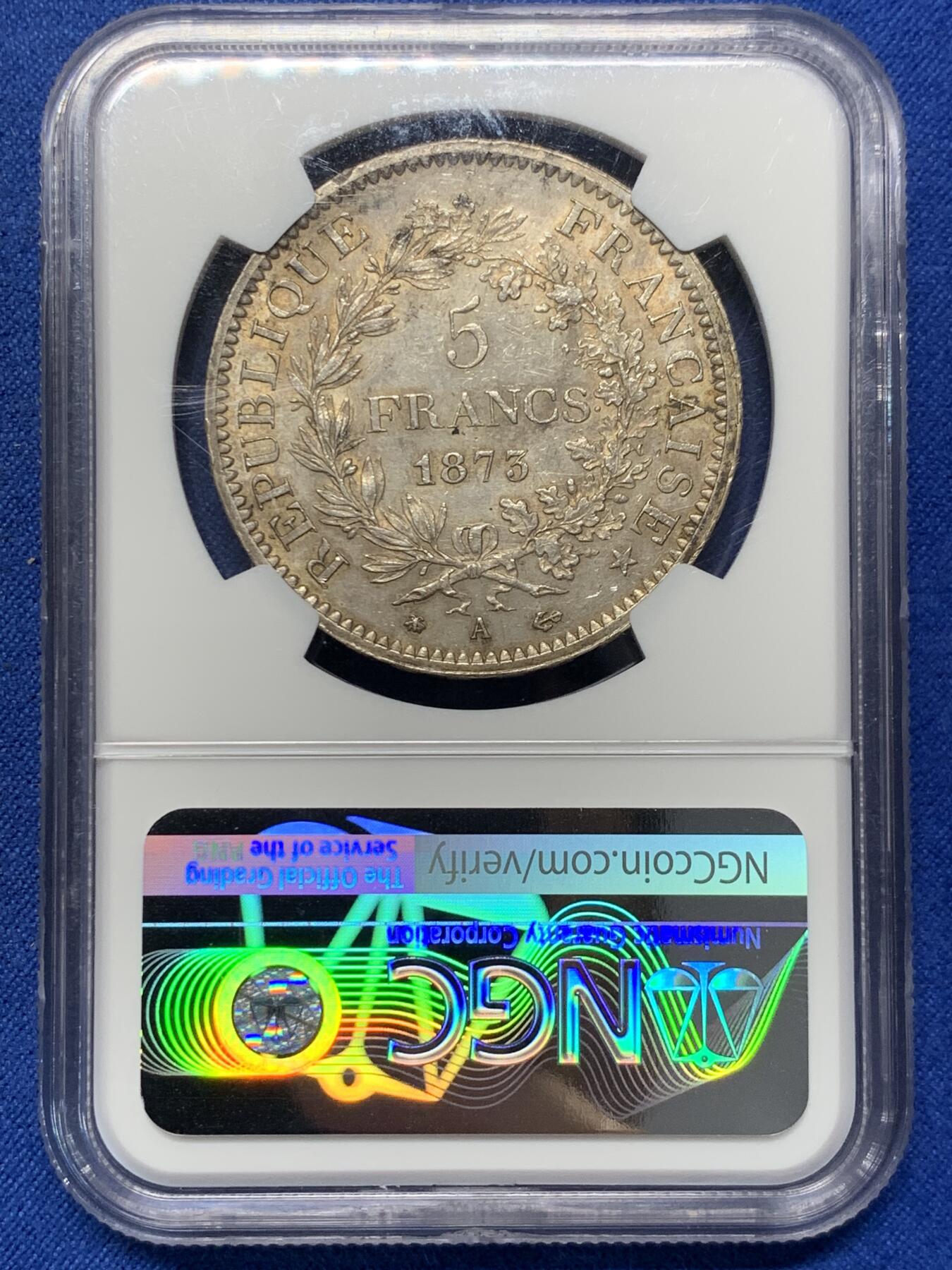 《竞宝斋》第370场 周日，周一 2场连拍 （全场包邮） NGC UNCD 法国1873-A大力神5法郎银币