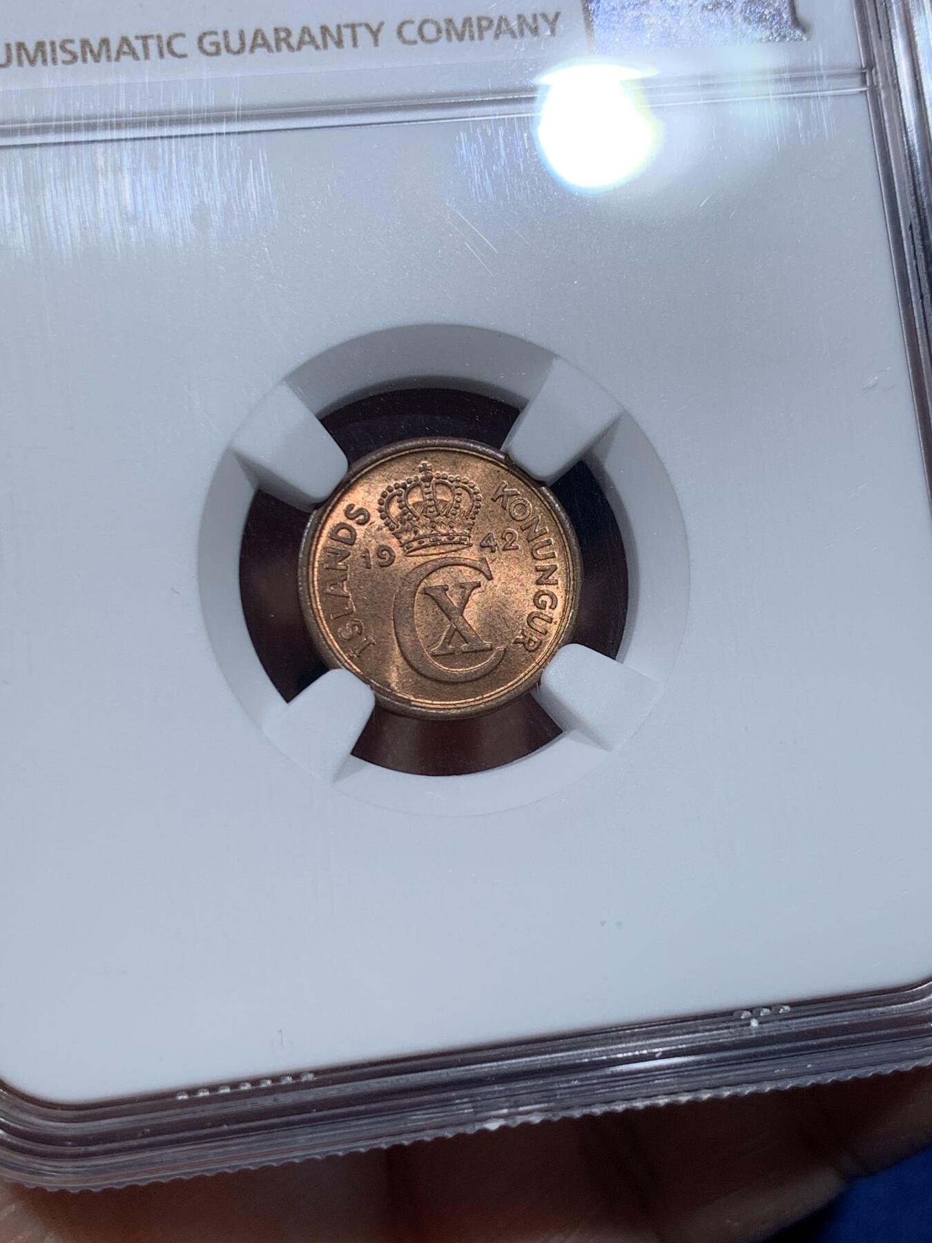 《竞宝斋》第370场 周日，周一 2场连拍 （全场包邮） NGC MS63RB 冰岛 1942年 1 艾里尔 铜币 末年高分好品