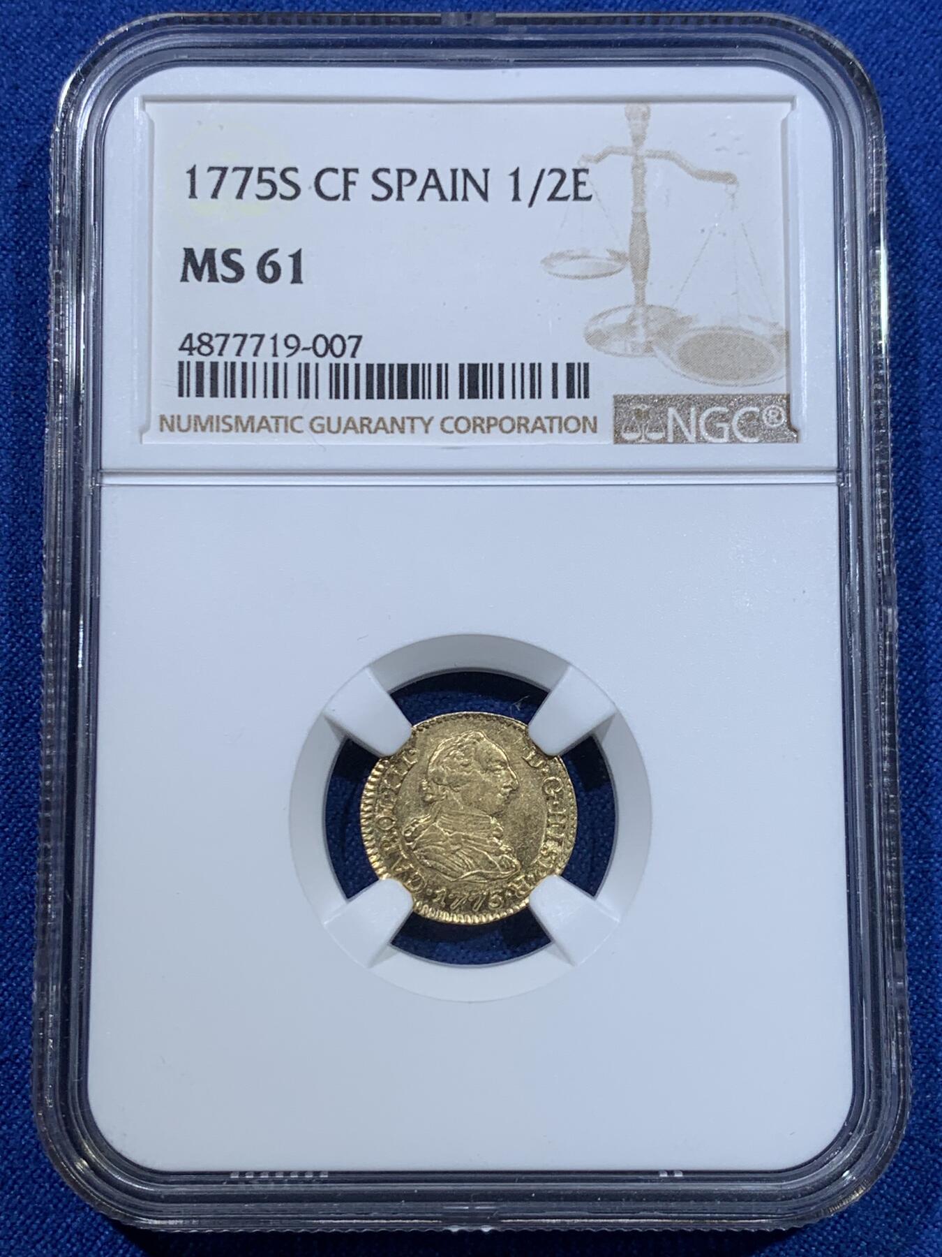 《竞宝斋》第370场 周日，周一 2场连拍 （全场包邮） NGC MS61 西班牙1775年卡洛斯三世半埃斯库多金币 少见！