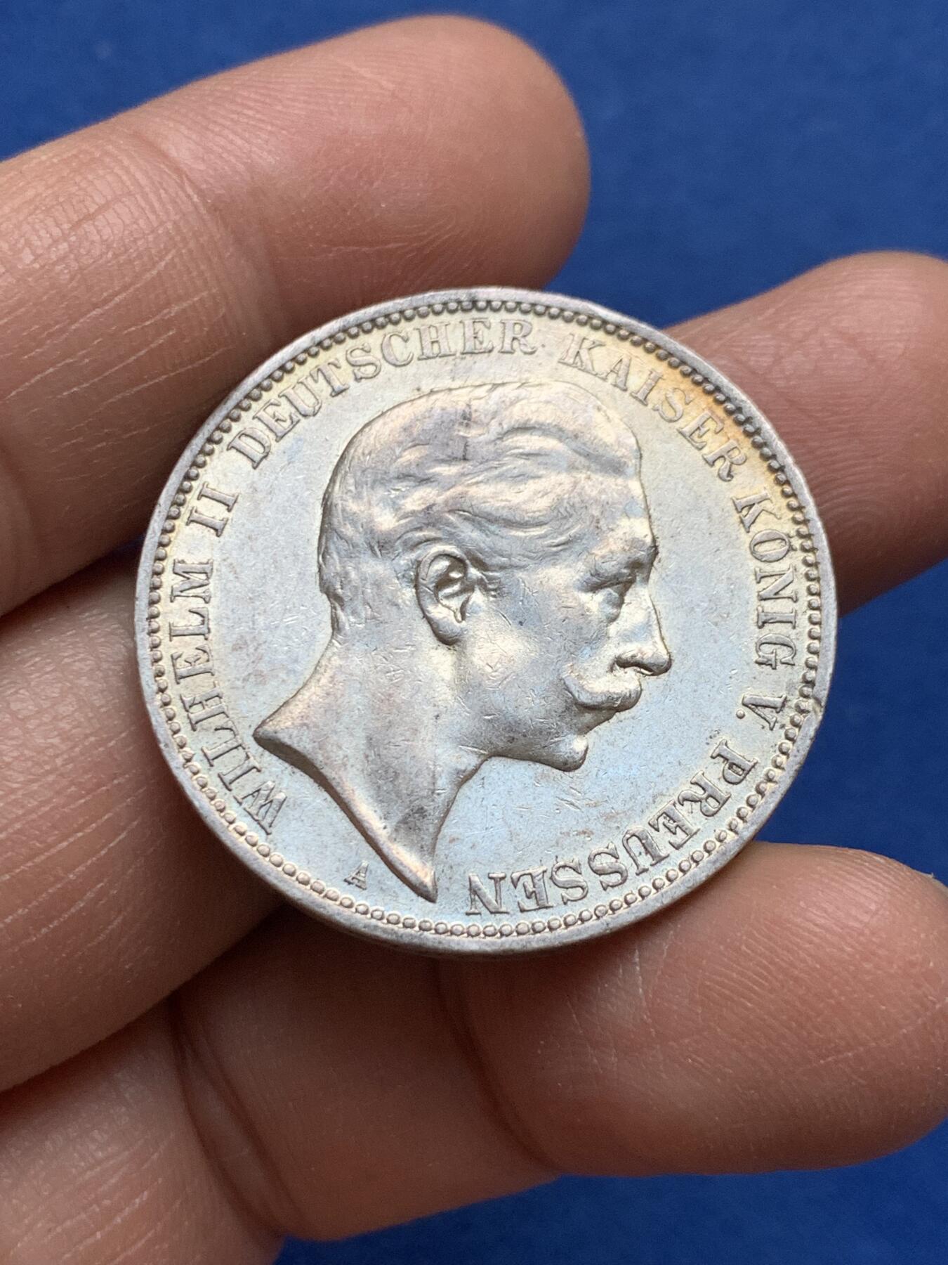 《竞宝斋》第370场 周日，周一 2场连拍 （全场包邮） 德国普鲁士 1911年 威廉二世 3马克 银币 好品