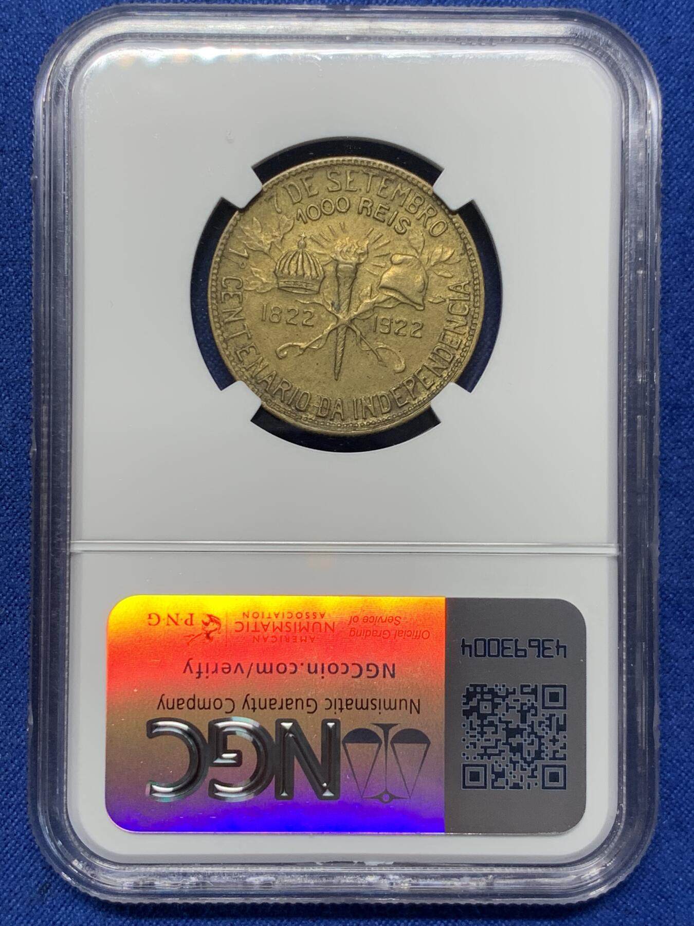 《竞宝斋》第370场 周日，周一 2场连拍 （全场包邮） NGC AU58 巴西1922年1000瑞斯铜币，纪念巴西独立100周年纪念币。