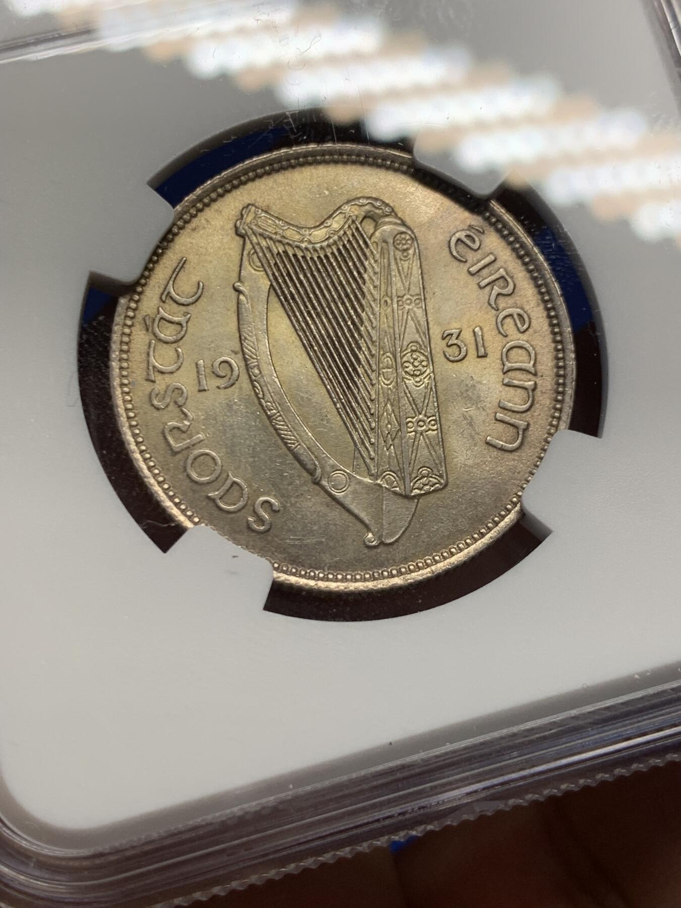 《竞宝斋》第370场 周日，周一 2场连拍 （全场包邮） NGC UNCD 爱尔兰 1931 2先令银币 爱尔兰早期MS细节极少见 这枚疑似被错杀 光度和细节都挺不错的 不是通货能比的 细节见图