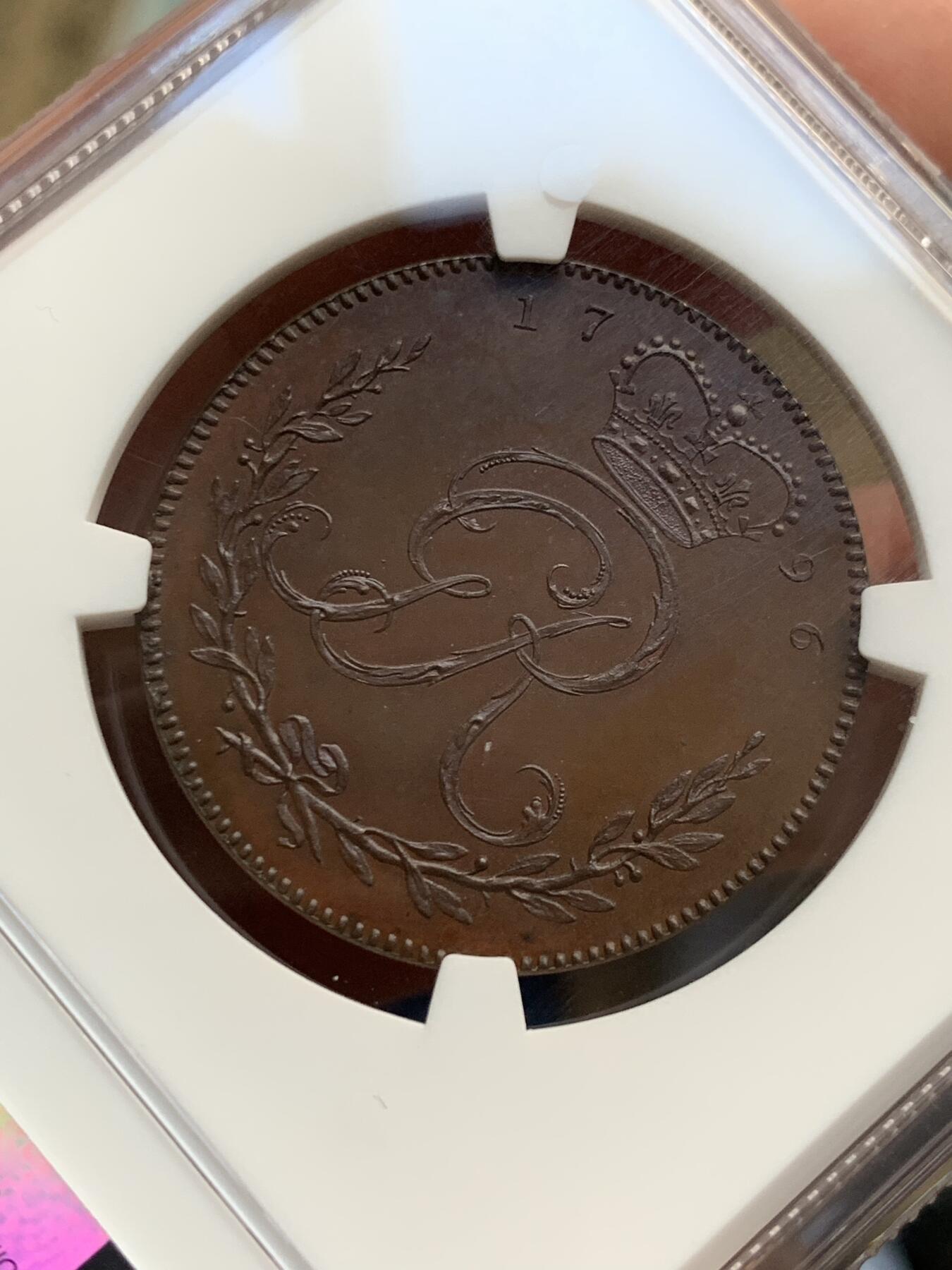 《竞宝斋》第370场 周日，周一 2场连拍 （全场包邮） NGC PF65 BN 黄金海岸 1796 英属加纳 乔治三世 1阿基 铜币 稀缺品种 状态分数都值得收藏