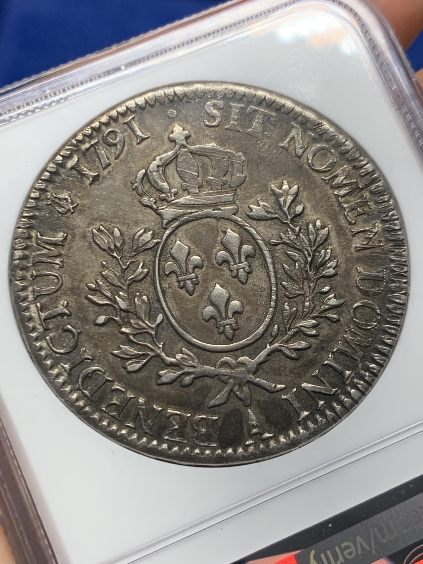 《竞宝斋》第370场 周日，周一 2场连拍 （全场包邮） NGC AU50 法国1791年路易十六埃居大印币 字口压铸清晰有力 巧克力包浆