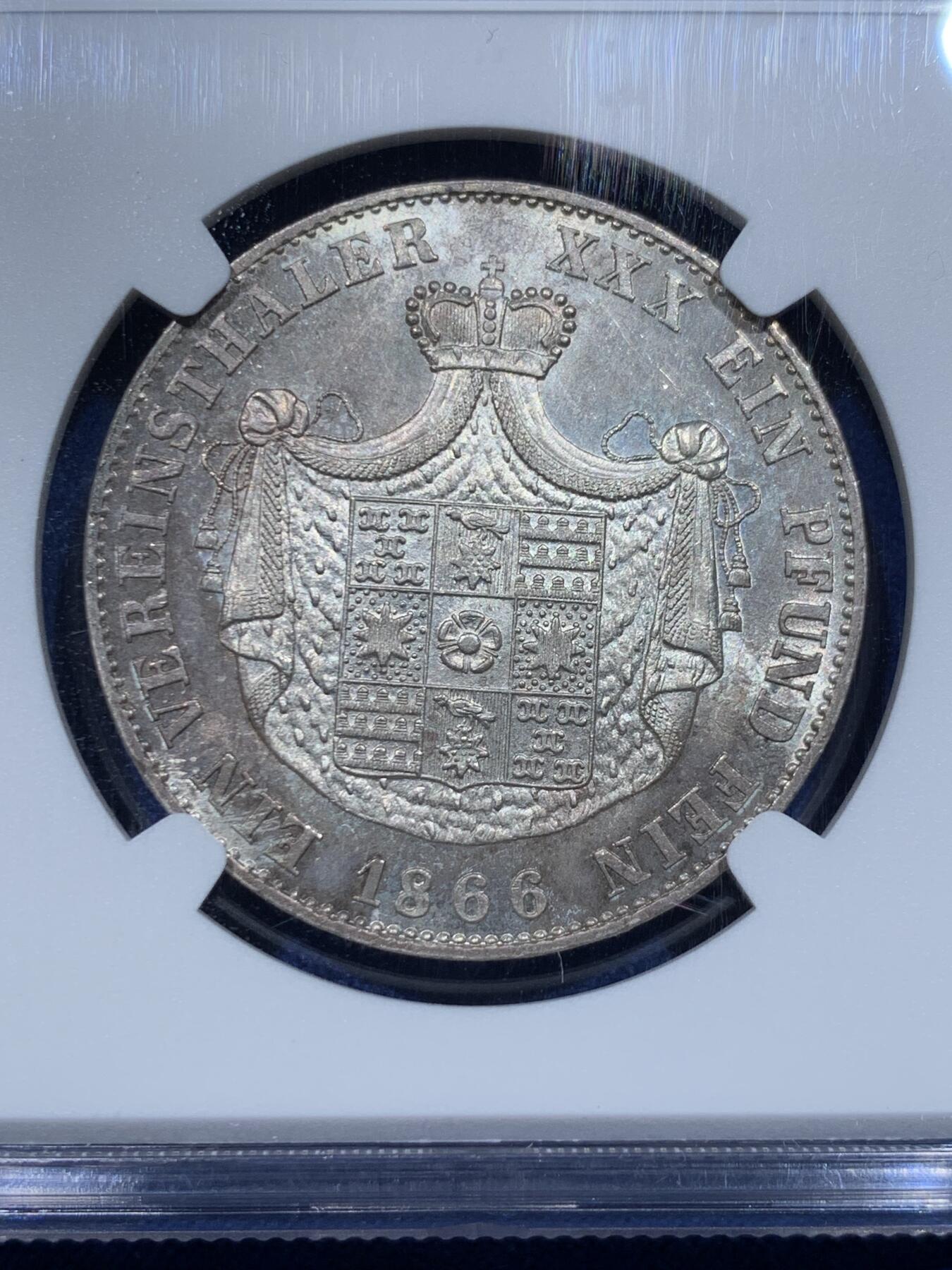 《竞宝斋》第370场 周日，周一 2场连拍 （全场包邮） 冠军分 NGC MS63 德国 1866年 利珀公国 利奥波德三世 泰勒银币 发行量仅18000枚 小邦高分 非常难得的品种