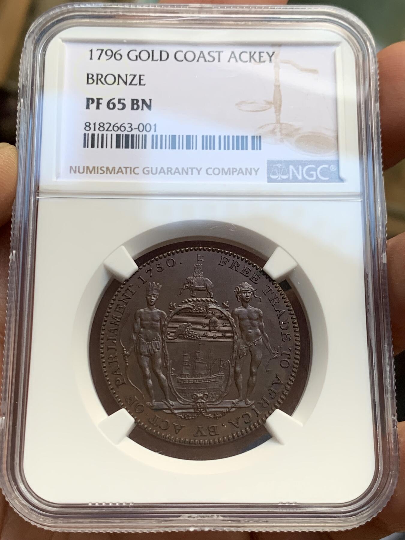 《竞宝斋》第370场 周日，周一 2场连拍 （全场包邮） NGC PF65 BN 黄金海岸 1796 英属加纳 乔治三世 1阿基 铜币 稀缺品种 状态分数都值得收藏