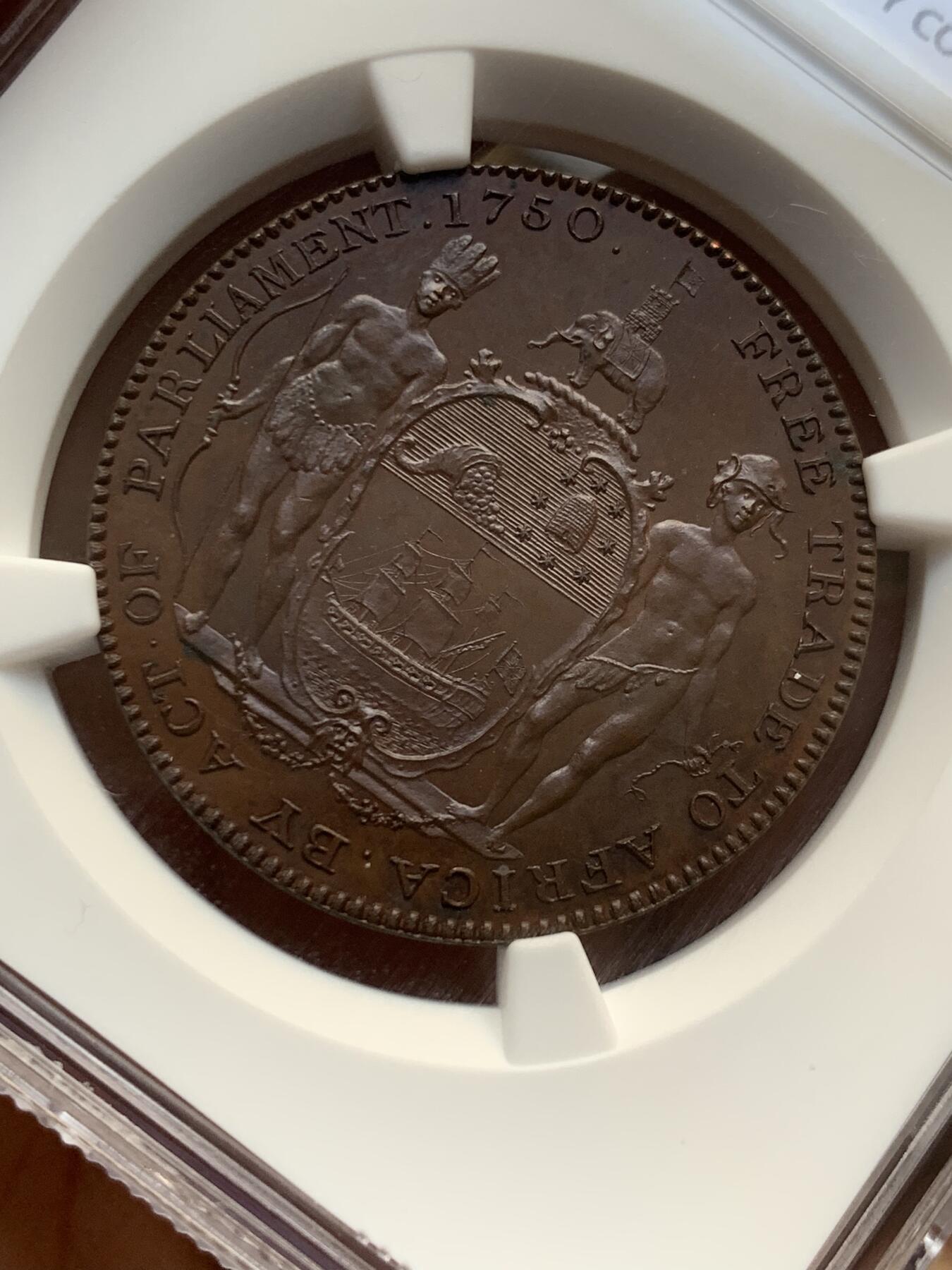 《竞宝斋》第370场 周日，周一 2场连拍 （全场包邮） NGC PF65 BN 黄金海岸 1796 英属加纳 乔治三世 1阿基 铜币 稀缺品种 状态分数都值得收藏