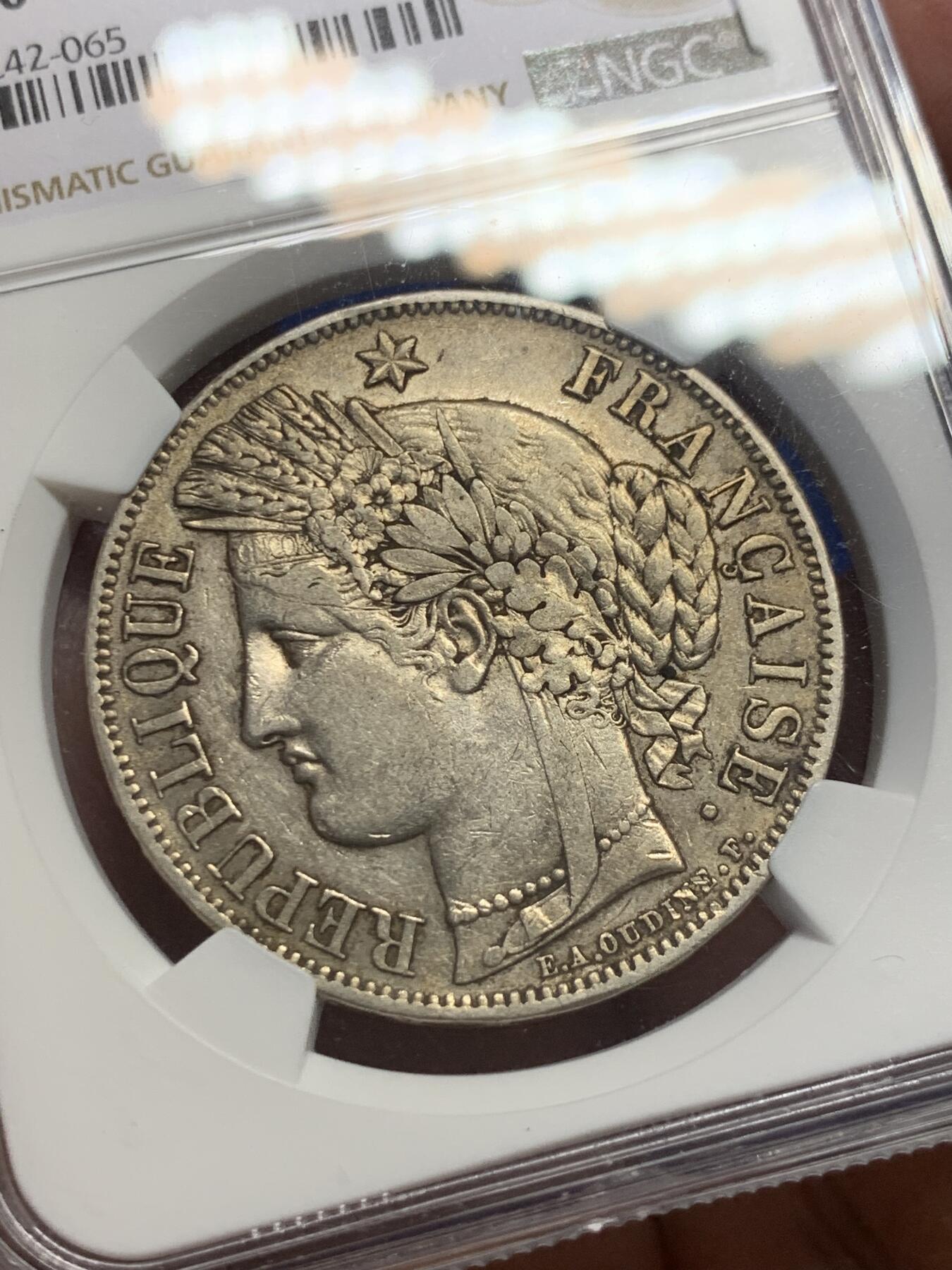 《竞宝斋》第370场 周日，周一 2场连拍 （全场包邮） NGC AU50 法国1849年谷物女神5法郎银币