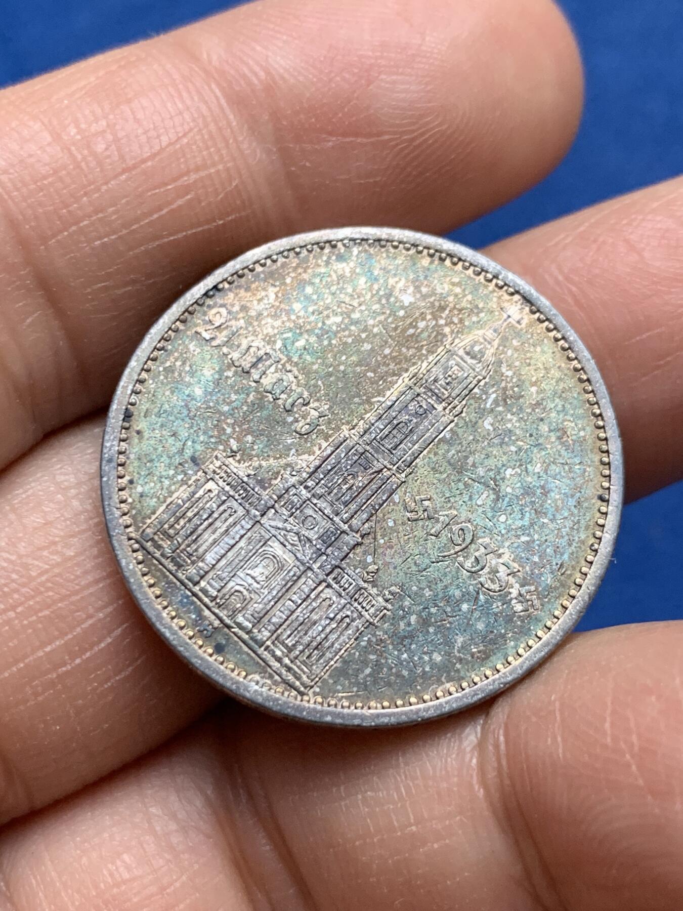 《竞宝斋》第370场 周日，周一 2场连拍 （全场包邮） 德国1934年A版教堂加字5马克 银币