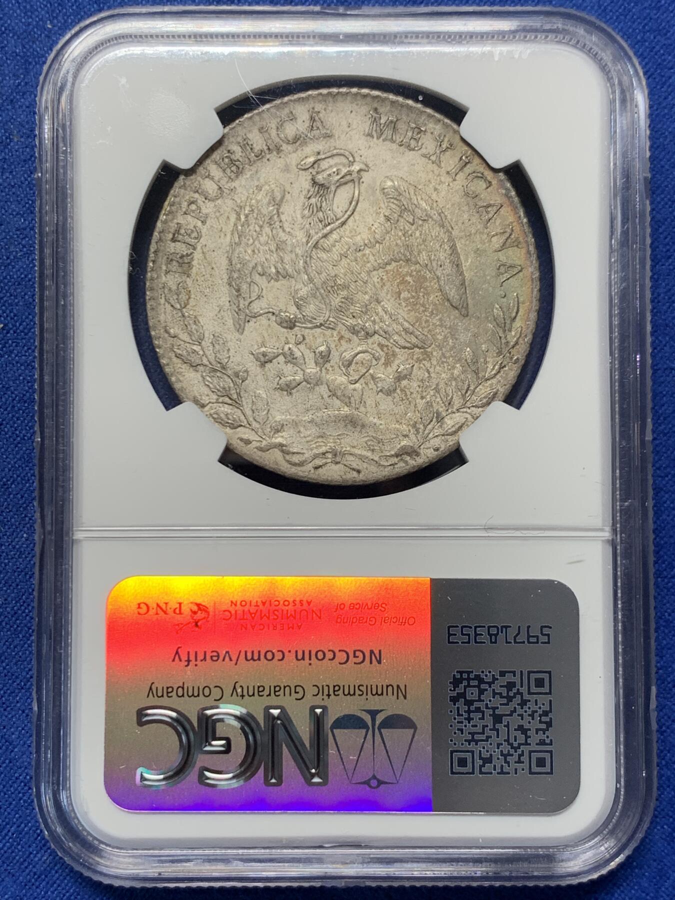 《竞宝斋》第370场 周日，周一 2场连拍 （全场包邮） NGC MS61 墨西哥1893GO RS 8里亚尔鹰洋银币