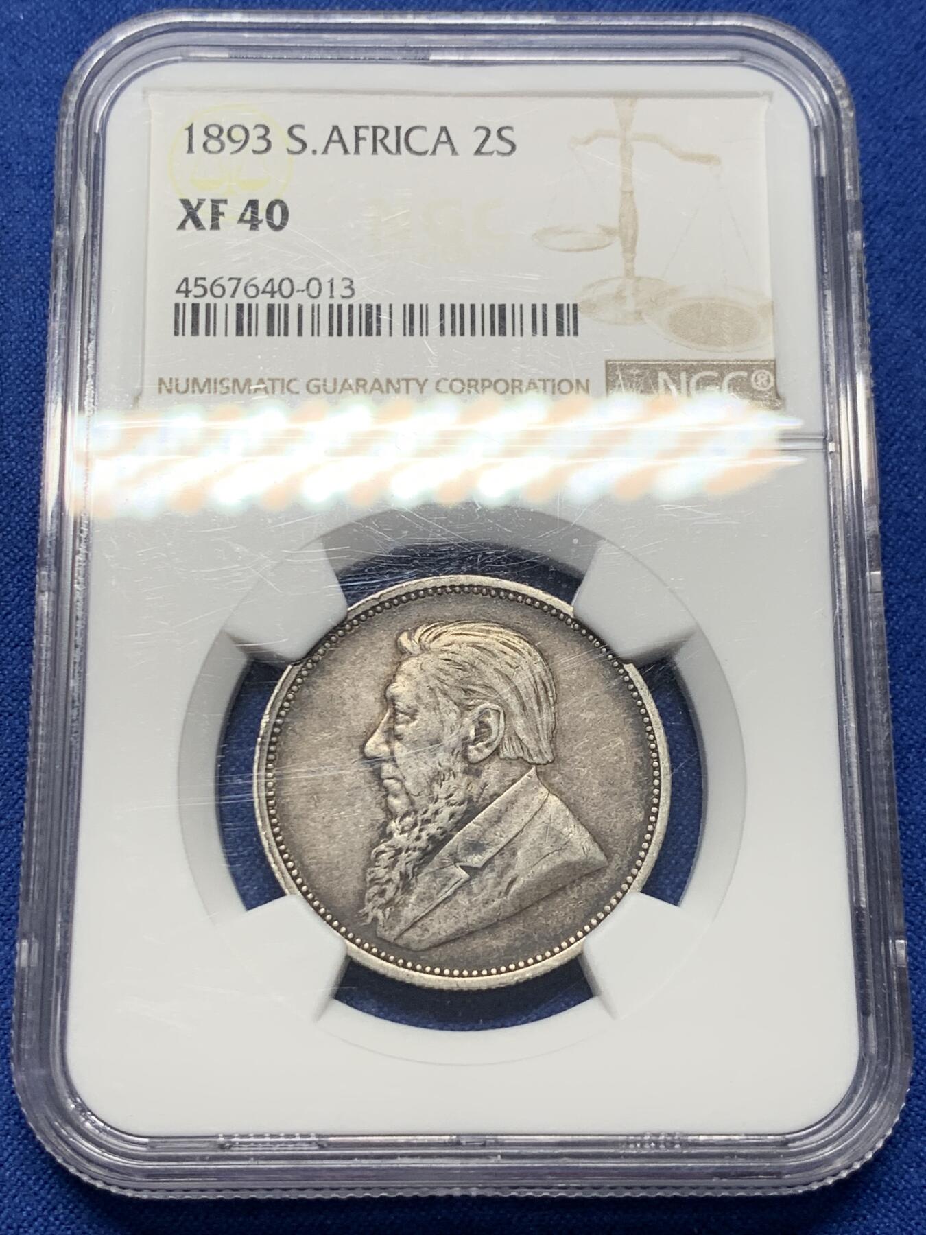 《竞宝斋》第370场 周日，周一 2场连拍 （全场包邮） NGC XF40 南非1893年克鲁格2先令银币，Key Date，系列中的超级大特年，XF书价就已高达1150美金，是1896、97等常见年份的20倍以上。平台首拍，值得深度玩家关注
