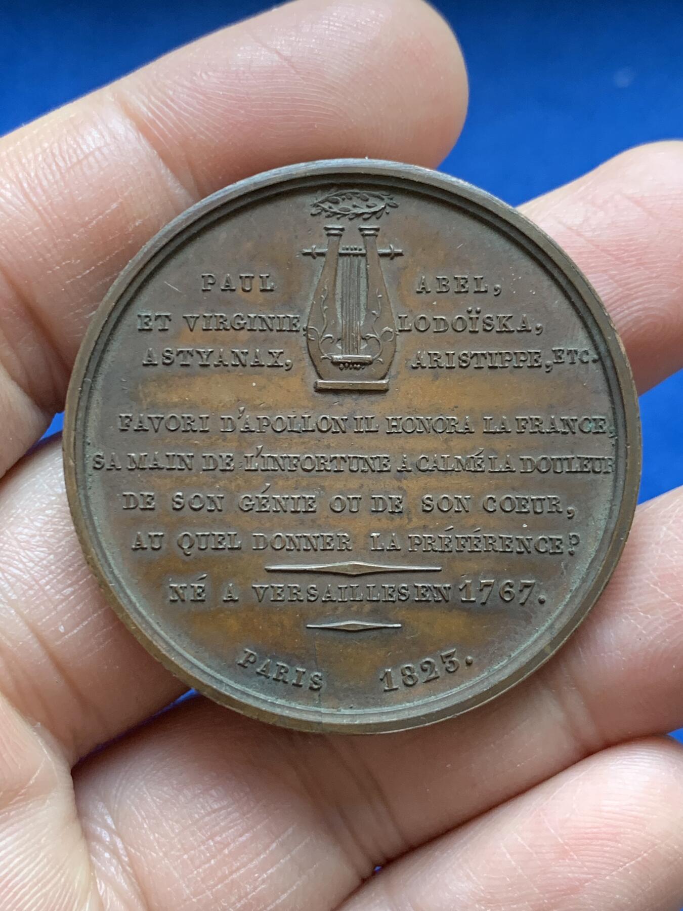 《竞宝斋》第370场 周日，周一 2场连拍 （全场包邮） 法国1823年小提琴家克鲁特·鲁道夫纪念铜章 38.35克 41mm 光边原铸 极其罕见 贝多芬创作的一首著名的小提琴奏鸣曲《克鲁特奏鸣曲》就是以他命名。