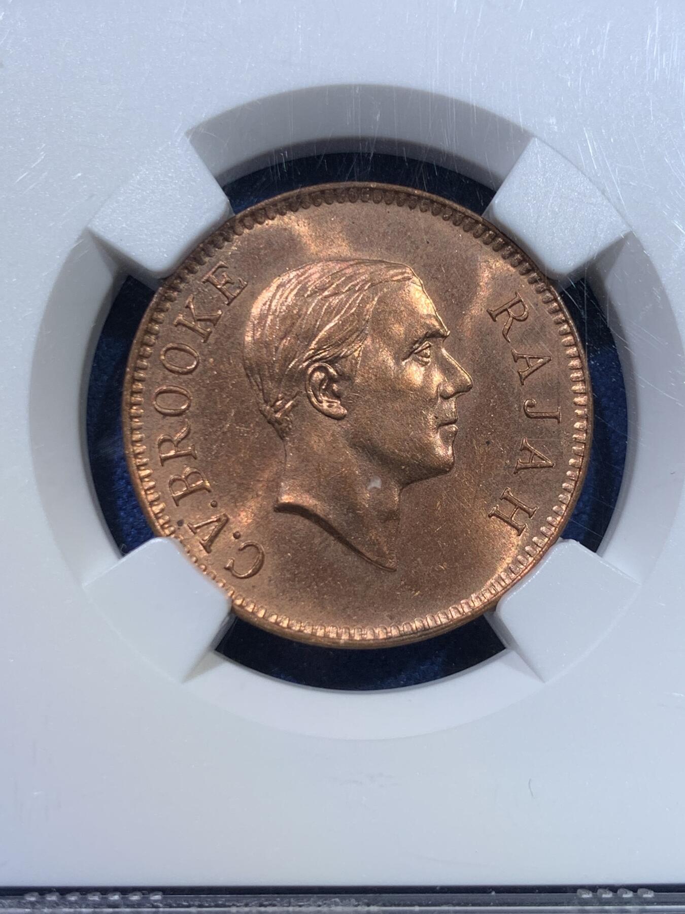 《竞宝斋》第370场 周日，周一 2场连拍 （全场包邮） NGC MS64RD 沙捞越 1937年 1分 铜币