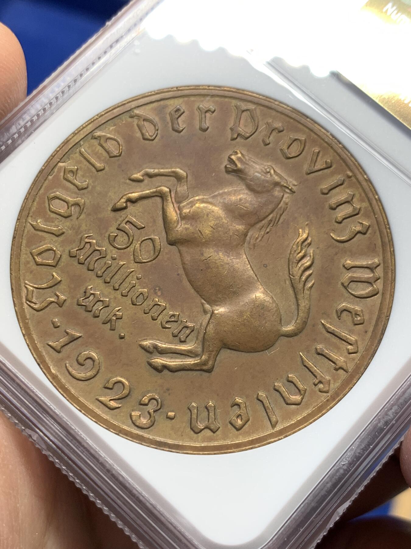 《竞宝斋》第370场 周日，周一 2场连拍 （全场包邮） NGC AU58BN 德国1923年5000万马克铜币 45MM大马币