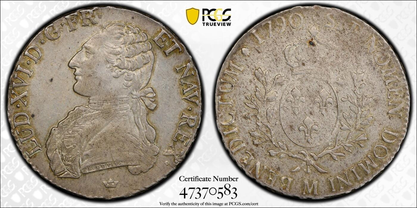 万国钱币拍卖第044期 PCGS AU53 1790年法国路易十六世1埃居大银币 M厂蒙彼利埃造币厂铸造 原味欧洲彩无减重痕极为难得 PC唯一冠军