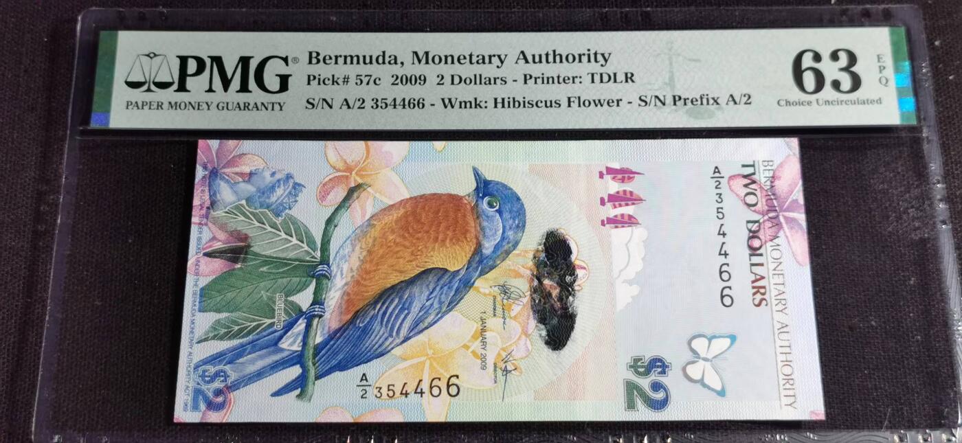 刘世昌艺术品销售中心～虎踞龙蟠*金杨在线联拍群第513期 百慕大2009年2元（PMG   63E    号码：A/2354466）1枚。此币荣获当年IBNS世界纸币大奖赛“最佳纸币”大奖。