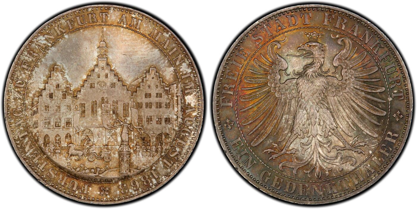 万国钱币拍卖第044期 PCGS MS66 1863年德国法兰克福王子议会泰勒 顶级五彩BU品相 肉眼无暇状态 各方面都挑不出毛病的一枚 