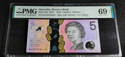 刘世昌艺术品销售中心～虎踞龙蟠*金杨在线联拍群第521期 澳大利亚2016年5元【倒置号】（PMG   69E    号码：EJ161610616）1枚。