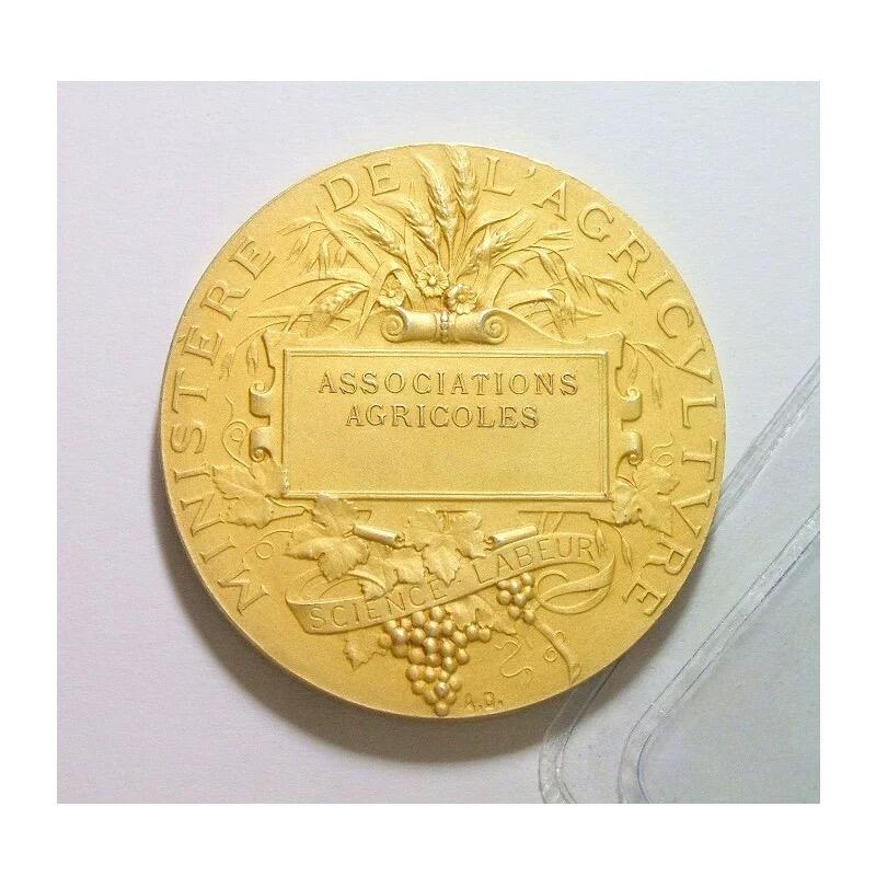 【银】法国1900年前后 女神玛丽安娜高浮雕精制大镀金银章 带原盒 42MM  37克