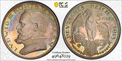 万国钱币拍卖第044期 - PCGS SP65 1913年德国巴伐利亚路德维希三世5马克银样币 卡尔哥茨作品 常见多为铜制 银样相对难得 镜面五彩顶级品 收藏级状态