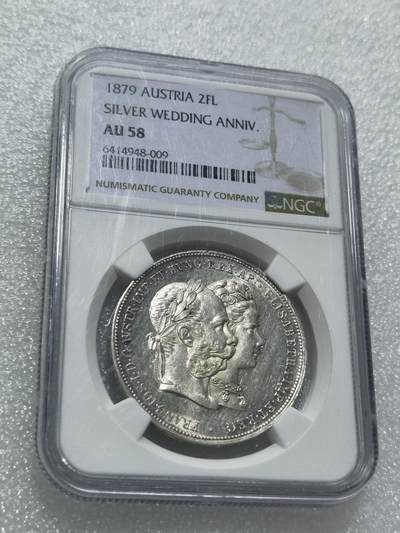 天下钱庄专场欢迎参拍 - NGC AU58 1879年奥地利茜茜公主银婚2福林银币