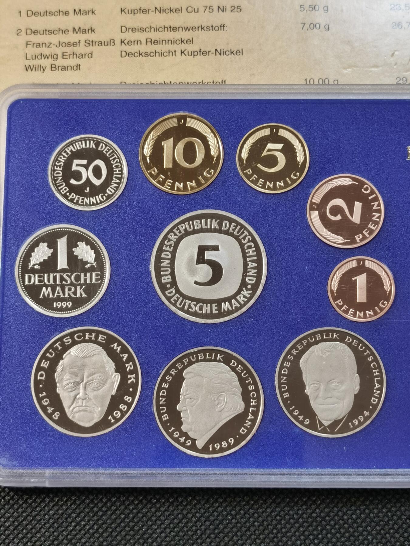  甄臻铺-世界钱币拍卖（第12期）送拍享返佣金等优惠多多 德国1999年官方精制套币（J），包装正面有伤，图1可见