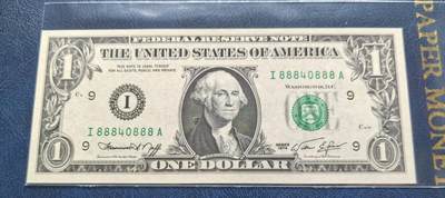 UNC 美国纸币 1974年 1美元纸币 头尾双豹子号888 稀少区间 - UNC 美国纸币 1974年 1美元纸币 头尾双豹子号888 稀少区间